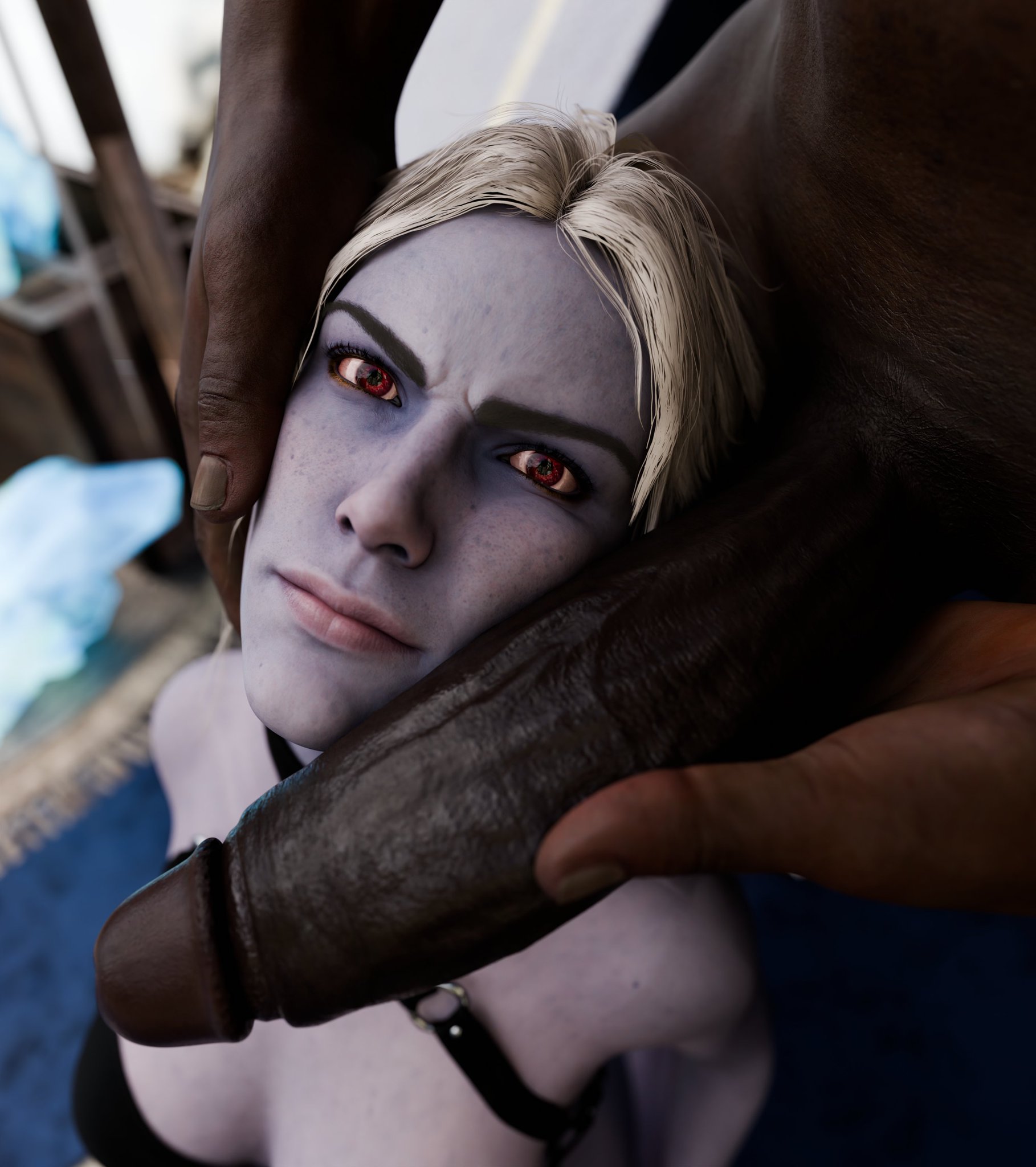 1boy, 1girls, 3d, baldur's gate 3, clothed female, dark-skinned male, derpderp, drow, grey hair, holding head, large penis, larian studios, looking at viewer, minthara, nude male, penis bigger than head, penis on cheek, purple skin, red eyes, straight sex, submissive female, veiny penis, wizards of the coast