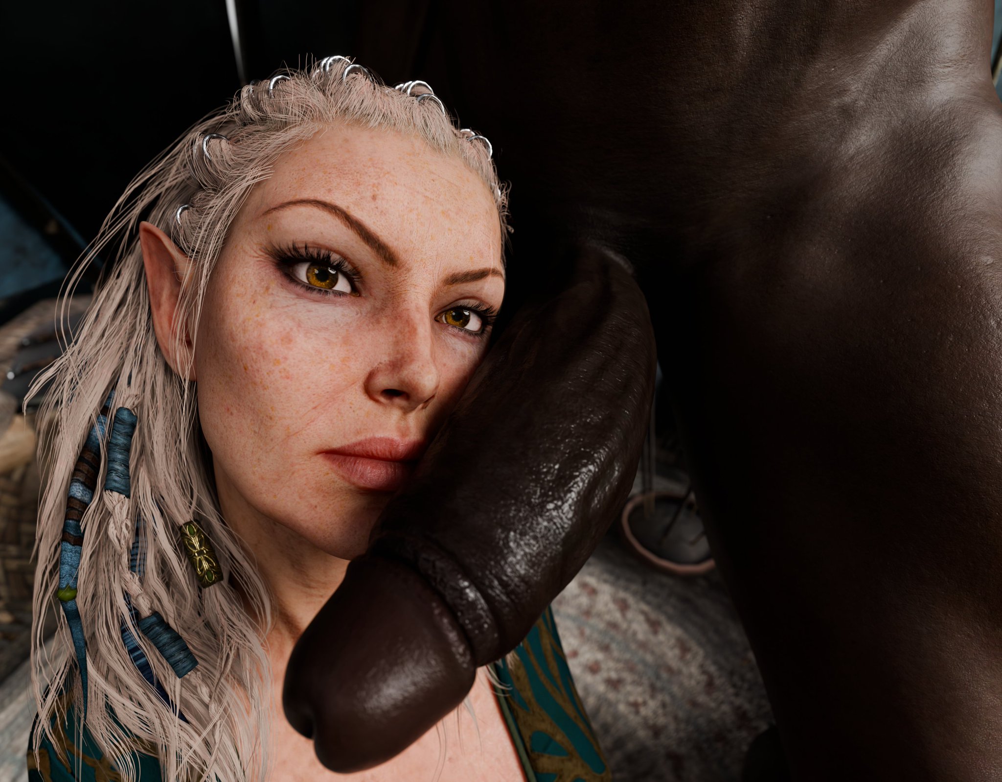 1boy, 1girls, 3d, age difference, baldur's gate, baldur's gate 3, brown eyes, clothed female, cock worship, dark-skinned male, derpderp, gilf, grey hair, half-elf, interracial, jaheira, large penis, larian studios, light-skinned female, looking at viewer, nude male, old, old woman, penis bigger than head, penis on cheek, pointy ears, silver hair, submissive female, wizards of the coast