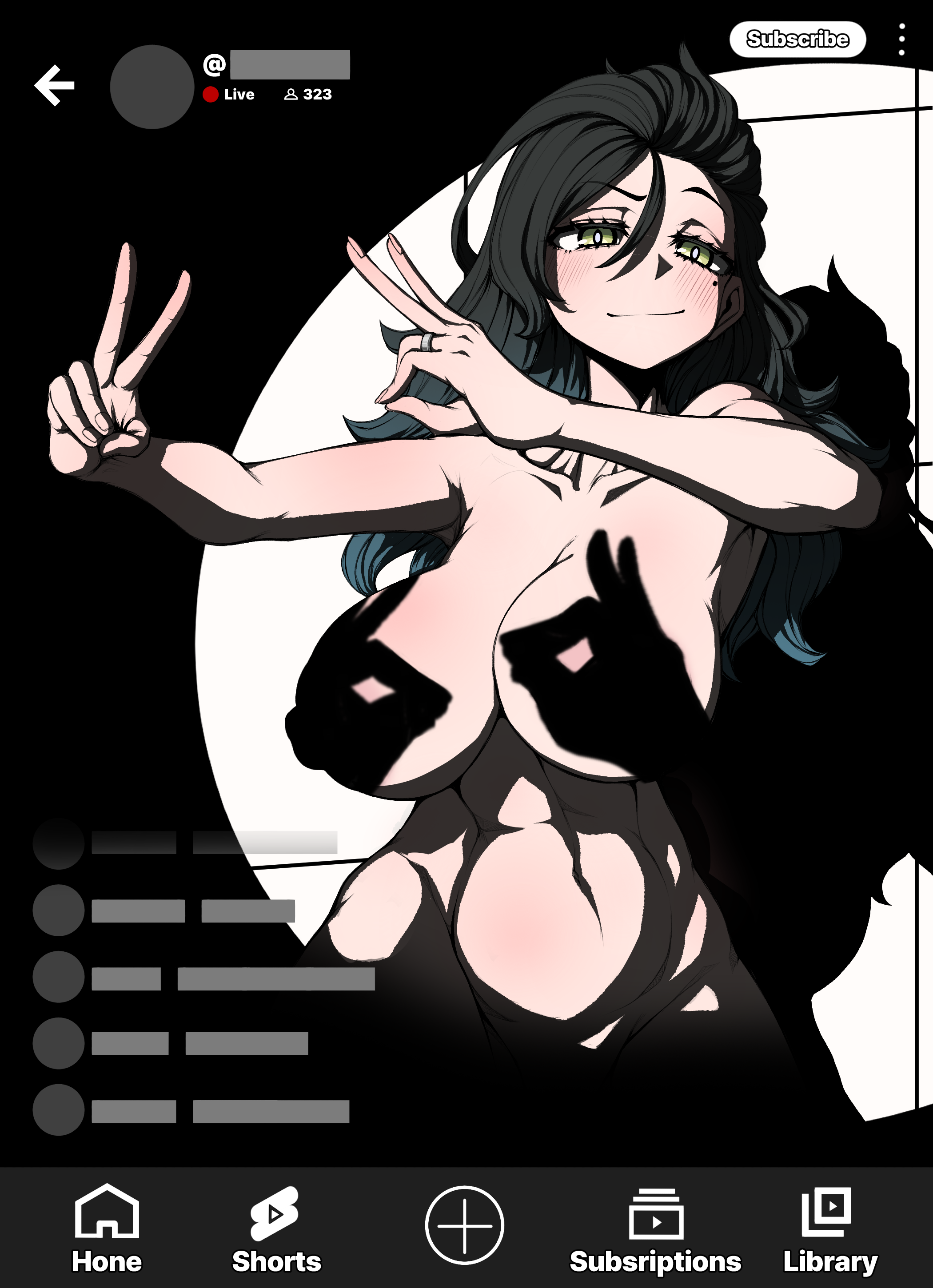 1girls, alternate version at source, alternate version available, beolkkulcheese, big breasts, black hair, blush, bottomless, breasts, closed mouth, convenient censoring, feet out of frame, female, female only, fox shadow puppet, girls' frontline, green eyes, hand shadow, hand shadow covering breasts (meme), hands casting shadow, large breasts, livestream, long hair, mole, mole under eye, naked, navel, nipples, nude, python (girls' frontline), shadow, shadow puppet, streaming, topless, youtube, youtube shorts
