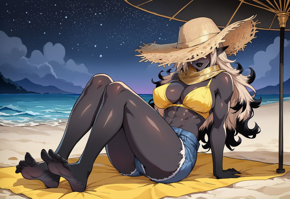 1girls abs ai_generated beach bikini black_hair black_lips blonde_hair breasts clothed clothes clothing daisy_dukes dark_skin denim_shorts drow elf elf_girl female full_lips hat horror horror_(theme) large_breasts long_hair monster_girl muscles muscular muscular_female ocean original original_character paigen platinum_blonde_hair pointy_ears scarf shorts sia_(paigen) sunhat swimsuit toned_body toned_female towel two-tone_hair umbrella valkyrie water