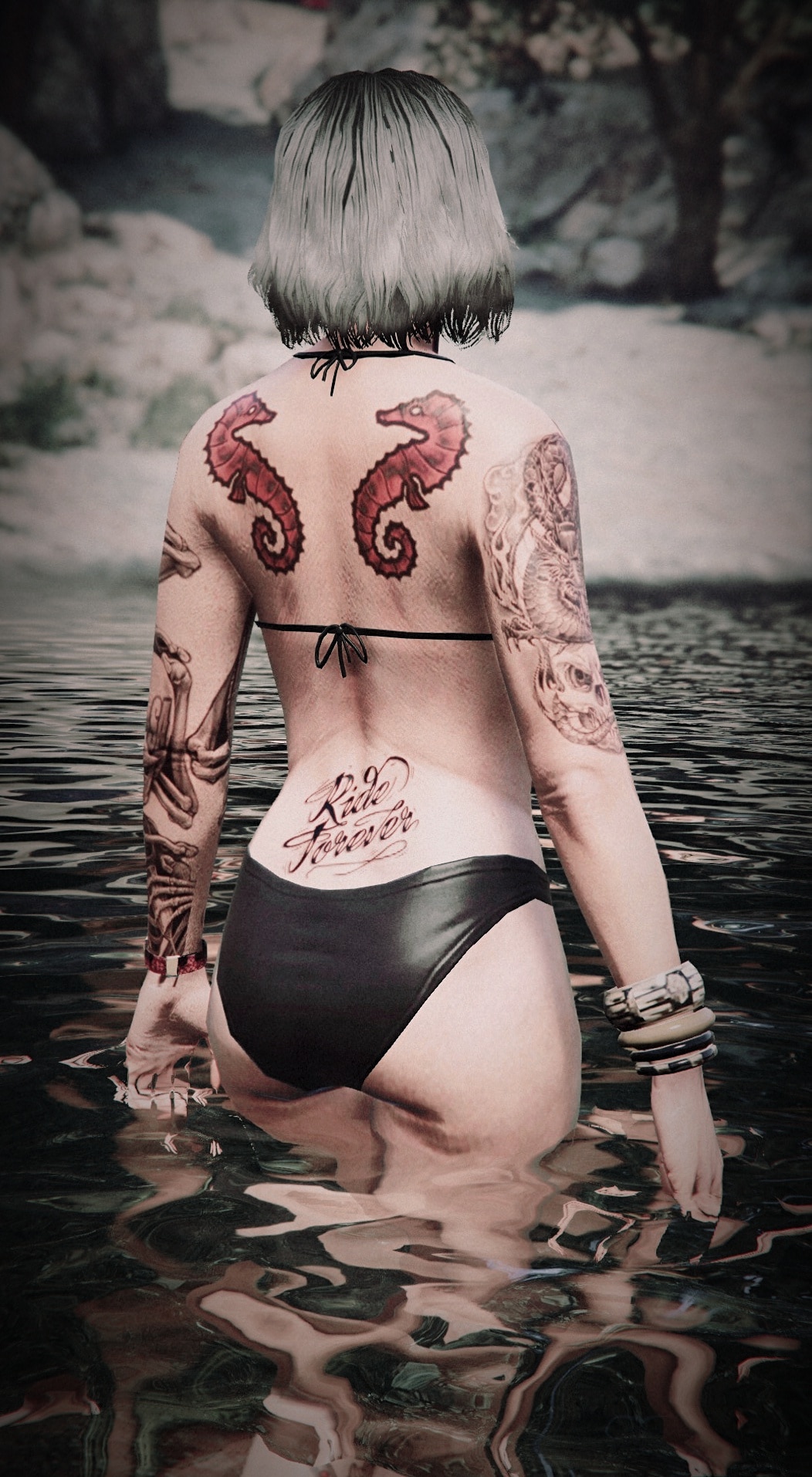1girls 3d 3dcg absurd_res absurd_resolution absurdres arm_tattoos ass ass_focus back_view back_view_female bare_shoulders bikini black_bikini bracelets cinematic cinematic_lighting edited_screencap emotionless emotionless_female female_focus female_only filter filtered game_cg grand_theft_auto grand_theft_auto_online grey-haired_female grey_hair gta_online_female_character high_quality high_resolution highres large_ass mature_woman right_(artist) rockstar_editor rockstar_games short-haired_female source_request standing_at_attention standing_in_water summer text tree uncaring uncaring_female