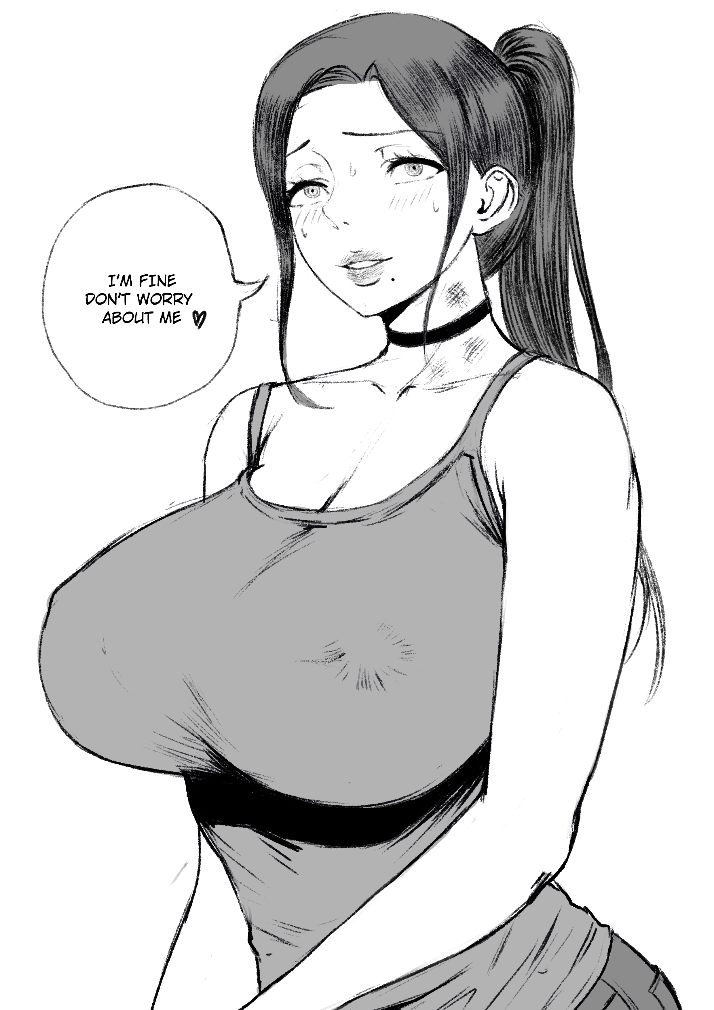 1girls, choker, hickey, large breasts, looking at viewer, monochrome, motherly cuckold, netorare, nipple bulge, original, original character, ponytail, solo, tank top, text, text bubble, tomoko (hajimete no hitozuma)