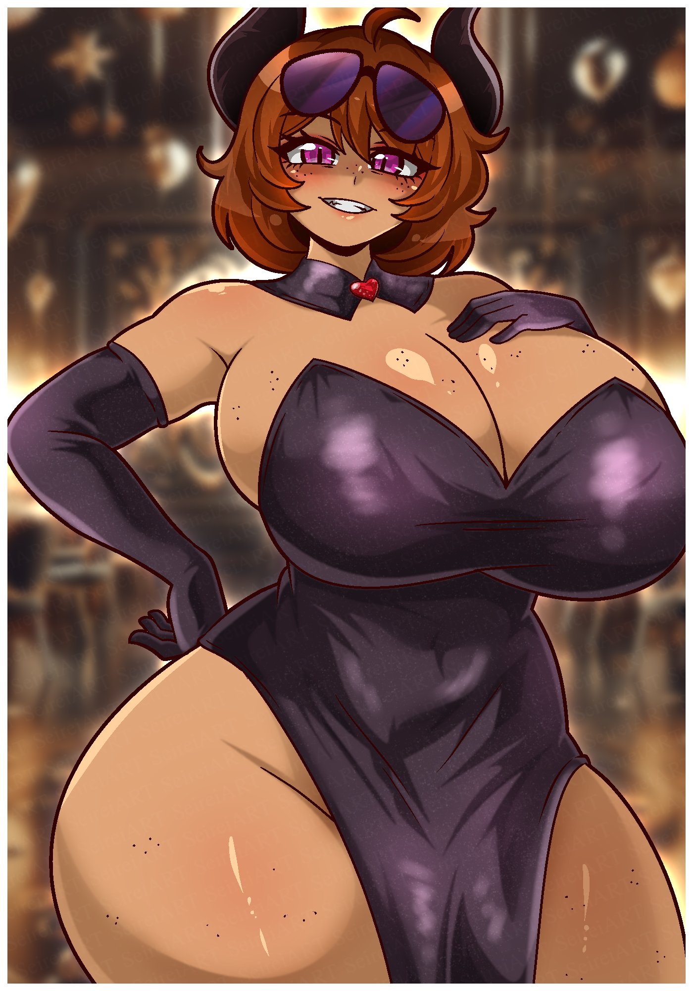 1girls, 2020s, 2026, 2d, 2d (artwork), 2d artwork, 5 fingers, armwear, belly, big boobs, big breasts, big hips, big thighs, big tits, big titties, blurred background, blurry background, blush, blushing, blushing at viewer, blushing female, boobs, breasts, brown body, brown hair, brown hair female, brown skin, cleavage, cleavage overflow, clothed, clothed female, clothes, cropped legs, crotch rope, curved horn, curved horns, curvy, curvy body, curvy female, curvy figure, curvy thighs, demon, demon girl, demon horns, detailed background, digital drawing (artwork), digital media, digital media (artwork), eyebrows, eyeglasses, eyelashes, eyes, eyes open, female, female focus, female only, fingers, freckles, freckles on breasts, freckles on face, freckles on thighs, girl, glasses, glasses on head, half naked, half nude, half-dressed, hand on breast, heart, hips, horn, horned humanoid, humanoid, large boobs, large breasts, large tits, lips, looking at viewer, mila (seireiart), monster, monster girl, monster girl (genre), neckwear, no bra, no dialogue, no pants, no text, non-human, nude, nude female, oc, original, original character, partially clothed, partially clothed female, partially nude, partially nude female, party, purple eyes, restaurant, revealing clothes, revealing clothing, revealing dress, revealing outfit, seireiart, sexually suggestive, sexy, sexy body, sexy clothing, sexy female, smile, smiling, smiling at viewer, suggestive, suggestive look, tan body, tan skin, tan skinned female, textless, thick thighs, thighs, tits, wide thighs