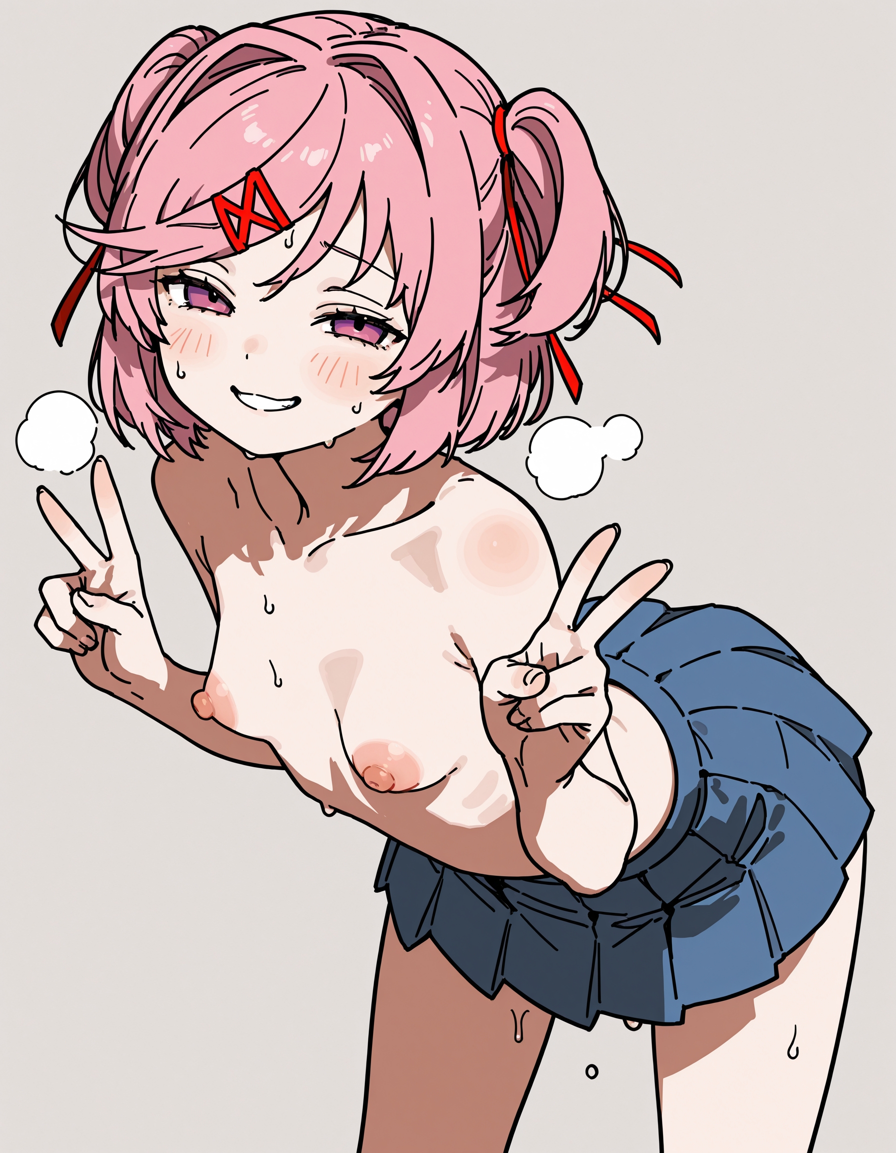 1girls, ai generated, areola, areolae, blush, breasts, breath, breath cloud, doki doki literature club, female, fusso, hair, leaning forward, looking at viewer, natsuki (doki doki literature club), nipples, partially clothed, peace sign, pink eyes, pink hair, short skirt, skirt, skirt only, small breasts, solo, sweat, sweating, sweaty, thighs, topless, topless female, v sign