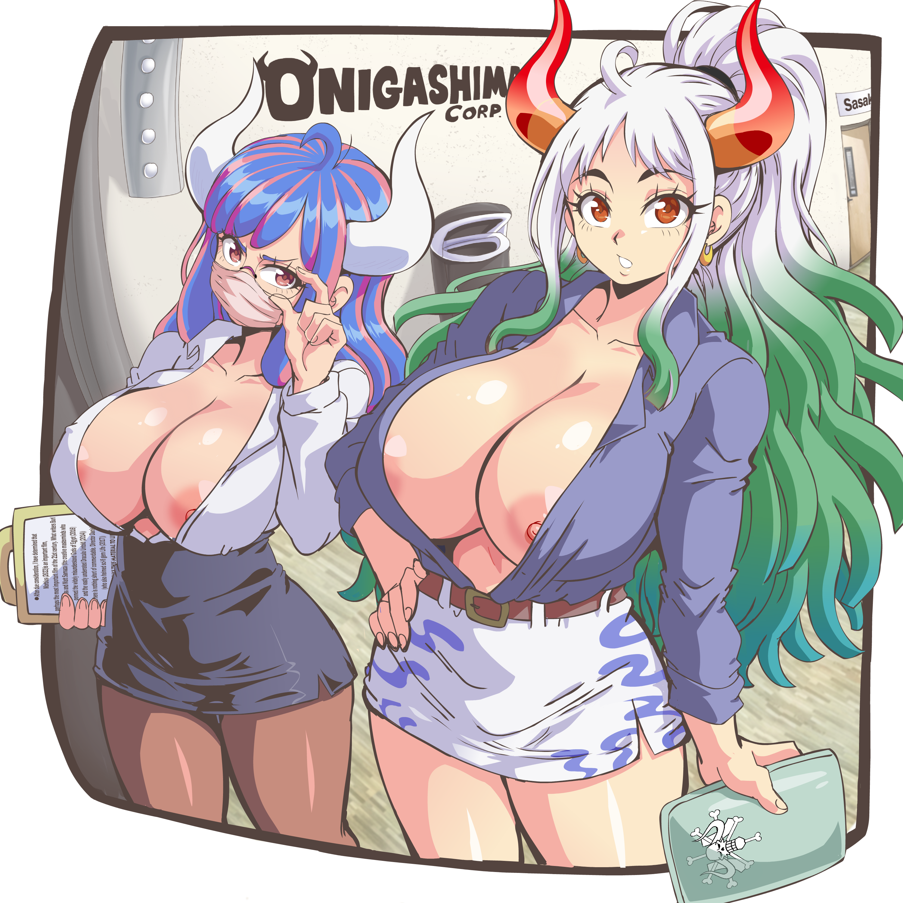 2girls, big ass, big breasts, big thighs, blue hair, blue-haired female, breasts, female, female only, glasses, lewdamone, long hair, looking at viewer, nipples, one piece, peeking nipple, two-tone hair, ulti (one piece), white hair, white-haired female, workplace, yamato (one piece)