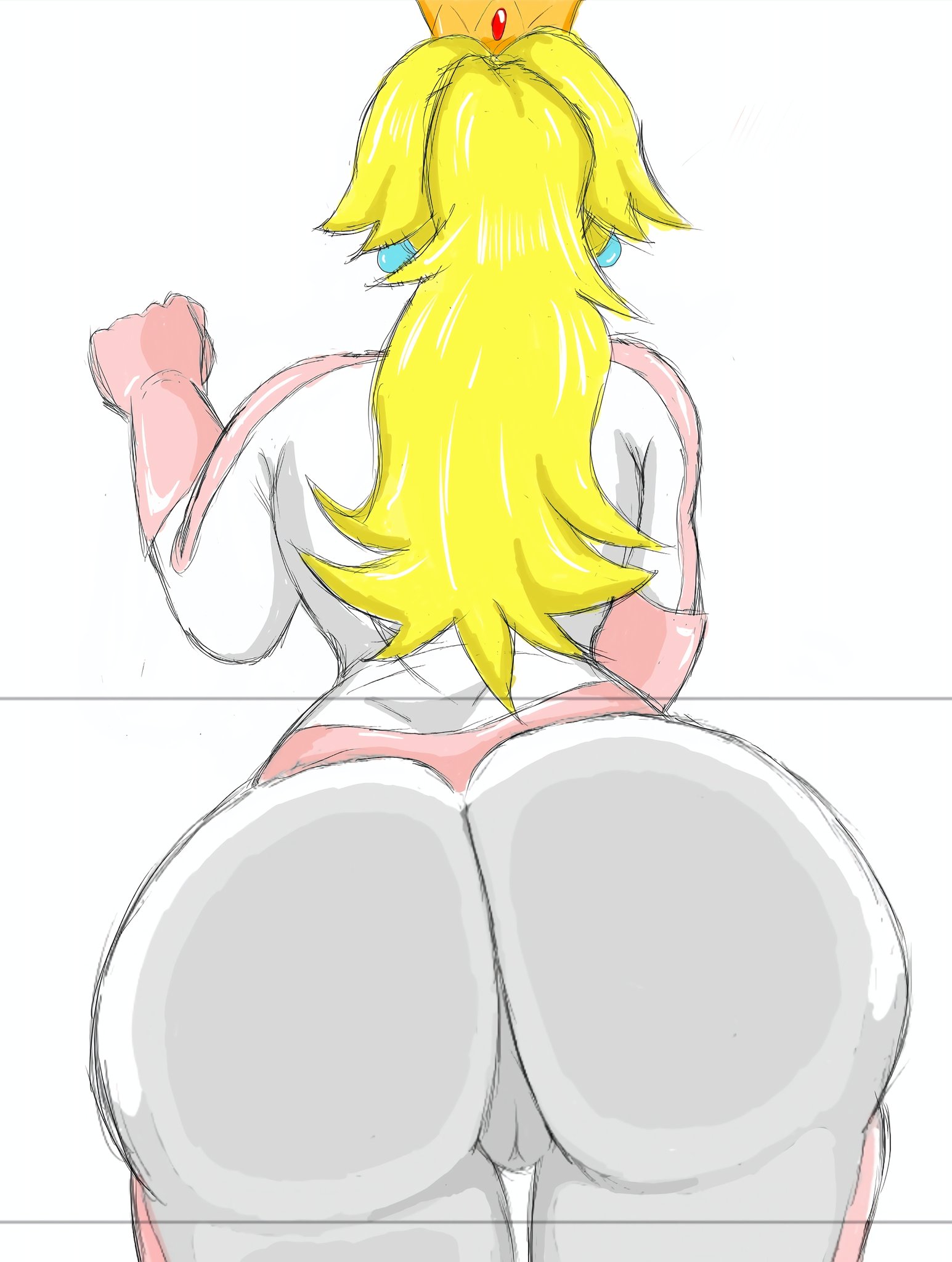 1girls, ass, ass against glass, ass bigger than head, ass on glass, big ass, big butt, blonde hair, blush, bodysuit, camel toe, cameltoe, female, glass, jpeg, mario (series), mario kart, mario kart world, nightmaresfd, nintendo, ponytail, princess peach, princess peach (aero), rear view, solo female, standing, super mario bros., tiara, viewed from behind, white background