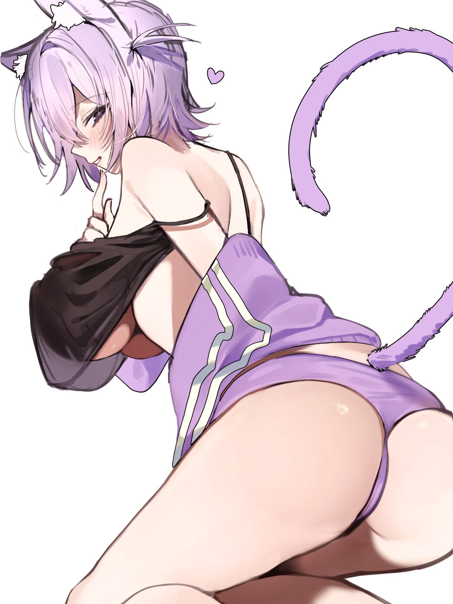 animal ears, artist request, ass, black camisole, blush, breasts, camisole, cat ears, cat girl, cat tail, commentary, crop top, crop top overhang, female, from side, hair between eyes, highres, hololive, jacket, kneeling, large breasts, looking at viewer, messy hair, nekomata okayu, nekomata okayu (membership), no bra, off shoulder, official alternate costume, official alternate hairstyle, panties, poge dayo, purple eyes, purple hair, purple jacket, purple panties, purple tail, see-through camisole, see-through clothes, see-through silhouette, short hair, simple background, solo, spaghetti strap, strap slip, tail, track jacket, two side up, underboob, underwear, virtual youtuber, white background