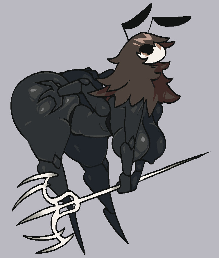 1girls, 2025, antennae, anthro, ass, big ass, big breasts, black body, black skin, breasts, brown hair, bug, female, hollow knight, hollow knight: silksong, leaning, leaning forward, long hair, melee weapon, pomegraniter, rake, silksong, thick thighs, thighs, thread raker, weapon