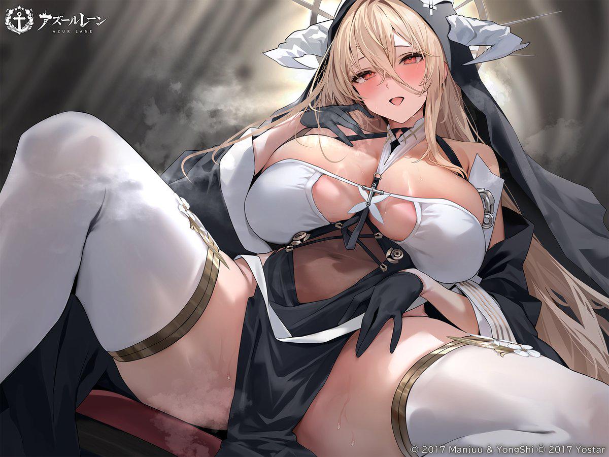 azur lane, bare shoulders, between breasts, black gloves, blonde hair, blush, breast cutout, breasts, cg, cleavage, covered navel, fake horns, female, gloves, habit, hair between eyes, half gloves, horns, huge breasts, implacable (azur lane), large breasts, long bangs, long hair, long sleeves, looking at viewer, nun, open mouth, pelvic curtain, red eyes, revealing clothes, sitting, smile, solo, spread legs, thighhighs, thighs, tongue, veil, very long hair, white horns, white thighhighs