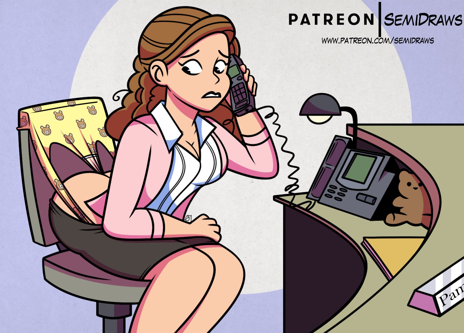 1girls, actress, ass, black skirt, brown hair, brunette, celebrity, clothing, dress shirt, female, jenna fischer, light-skinned female, office lady, pam beesly, panties, panty pull, pencil skirt, phone, print panties, real person, secretary, semidraws, skirt, solo, the office, underwear, wedgie, wedgie fetish, yellow panties