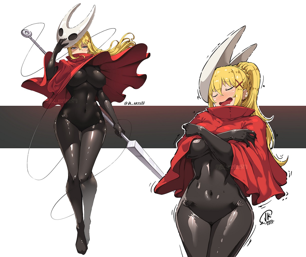 1girls, ass, big breasts, black bodysuit, black latex, blonde hair, blue eyes, blush, bodysuit, breasts, camel toe, cameltoe, cloak, closed mouth, cosplay, covered navel, darkness (konosuba), female, female focus, female only, hair ornament, hollow knight, hollow knight: silksong, hornet (hollow knight) (cosplay), jk arts, jk arts07, jpeg, kono subarashii sekai ni shukufuku wo!, large breasts, latex, latex clothing, latex suit, light-skinned female, long hair, looking at viewer, looking pleasured, mask, mask on head, multiple poses, multiple views, nail (hollow knight), navel line, ponytail, ponytail with braided base, red cloak, shiny clothes, signature, solo, thick thighs, thighs, two poses, white mask, wide hips, x hair ornament