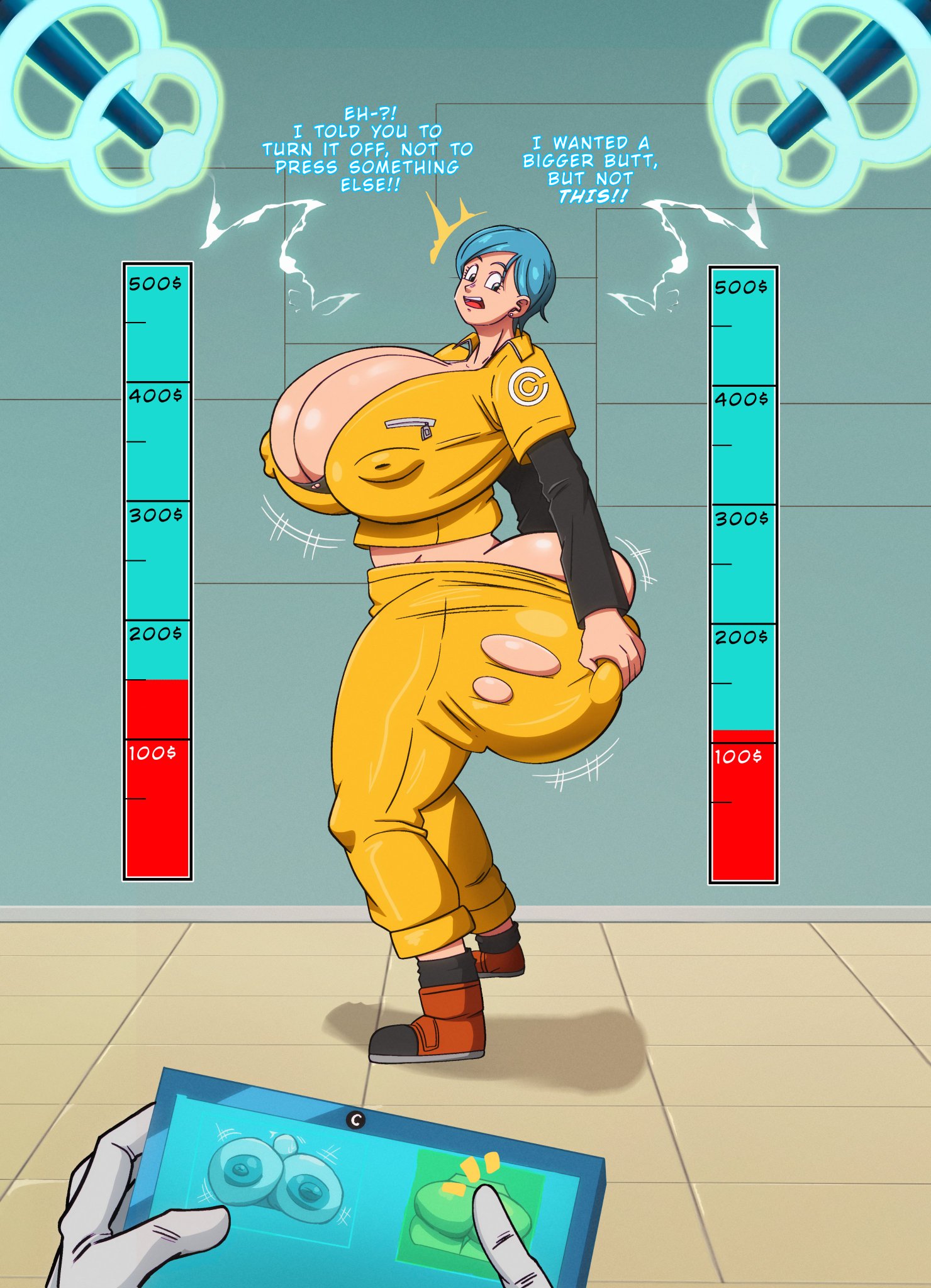 1boy, 1boy1girl, 1girls, 2025, ass, ass expansion, ass growth, big ass, big breasts, blue eyes, blue hair, breast expansion, breast growth, breasts, bubble butt, bulma briefs, cleavage, dialogue, dragon ball, dragon ball super, dragon ball super super hero, dratvan, fat ass, female, grabbing, grabbing own ass, growth drive, huge ass, huge breasts, husband, husband and wife, hyper breasts, looking at own ass, looking back, male, male/female, nipple bulge, text, thick thighs, tight clothing, torn clothes, torn clothing, vegeta, wife