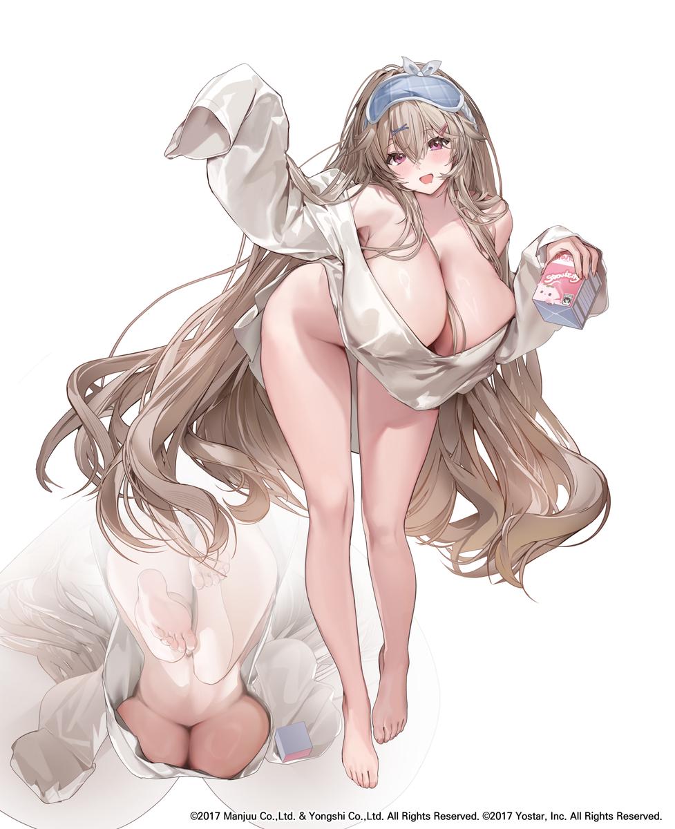 anchorage (azur lane), anchorage (sweet evening milk) (azur lane), ass, azur lane, bare shoulders, barefoot, blush, breasts, brown hair, cg, cleavage, feet, female, full body, hair between eyes, hair ornament, holding, huge breasts, legs, long hair, long sleeves, looking at viewer, mask, mask on head, milk carton, multiple views, naked shirt, no panties, off shoulder, official alternate costume, open mouth, oversized clothes, oversized shirt, purple eyes, shirt, simple background, sleep mask, sleeves past fingers, sleeves past wrists, soles, solo, standing, thighs, toes, very long hair, white background, white shirt