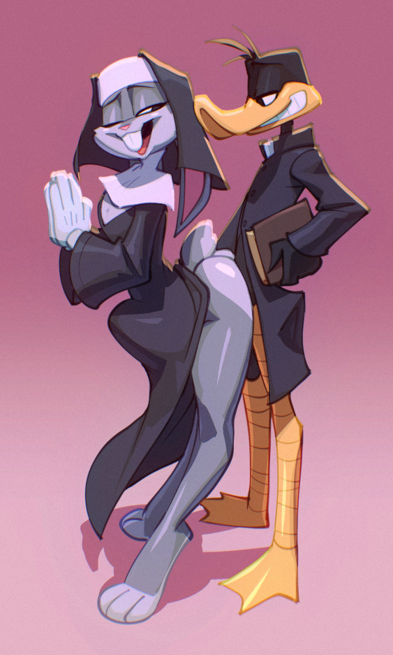 anal, anthro, anthro on anthro, bigdad, buckteeth, bugs bunny, crossdressing, crossdressing male, daffy duck, femboy, fembugs bunny, from behind, furry, looney tunes, male, nun, nun outfit, priest, standing, standing sex, stomach bulge, warner brothers