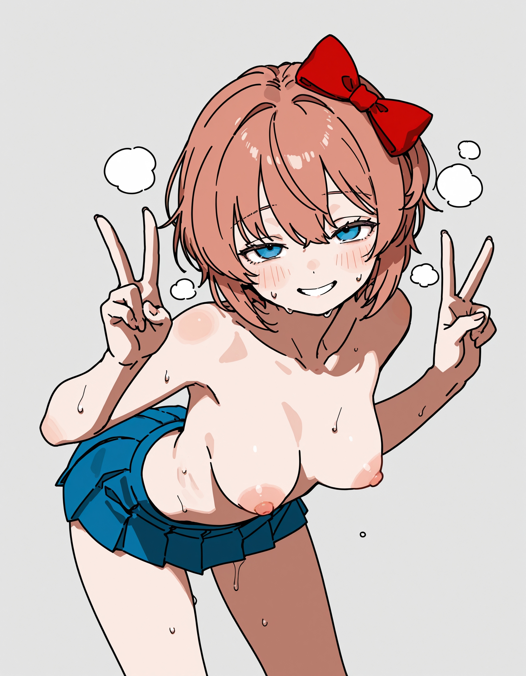 1girls, ai generated, areola, areolae, blue eyes, blush, breasts, breath, breath cloud, doki doki literature club, female, fusso, hair, leaning forward, looking at viewer, microskirt, miniskirt, nipples, partially clothed, peace sign, sayori (doki doki literature club), short skirt, skirt, skirt only, solo, sweat, sweating, sweaty, thighs, tiny skirt, topless, topless female, v sign