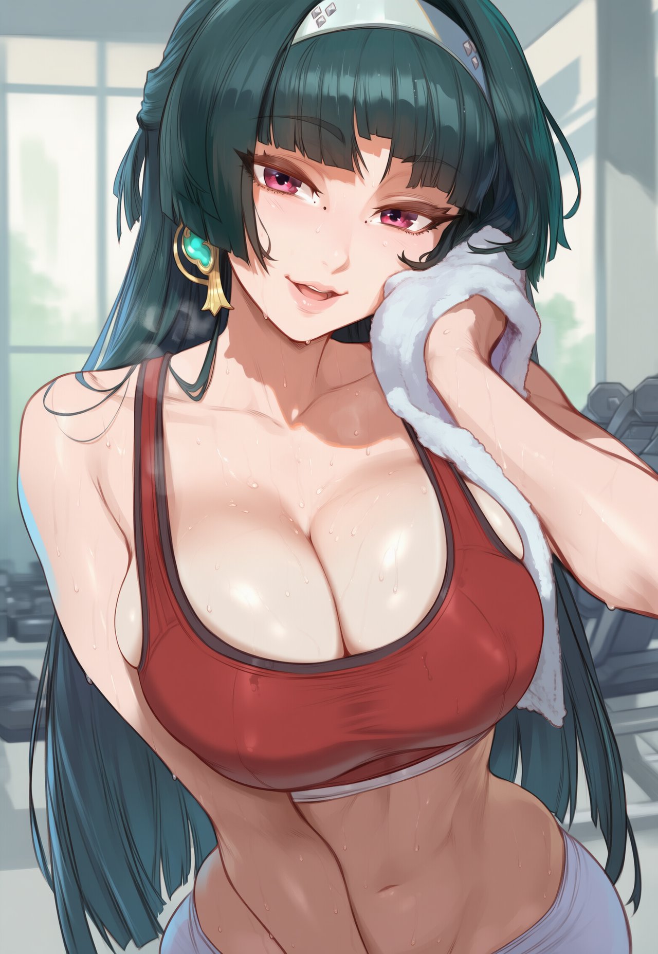 1girls, ai generated, astra yao, bangs, bare shoulders, blunt bangs, blush, bra, breasts, clavicle, cleavage, clothing, collarbone, covered nipples, curvaceous, curvaceous female, curvaceous figure, curvy, curvy figure, drying, dumbbell, earrings, exercise, female, female focus, female only, green hair, gym, gym clothes, hair intakes, hairband, holding, holding towel, hydrolis999, indoors, jewelry, large breasts, lips, long hair, looking at viewer, midriff, mole, navel, open mouth, presenting, presenting breasts, presenting self, red eyes, red sports bra, shorts, smile, solo, sports bra, stomach, sweat, towel, towel around neck, underwear, voluptuous, voluptuous female, wiping sweat, yoga pants, zenless zone zero