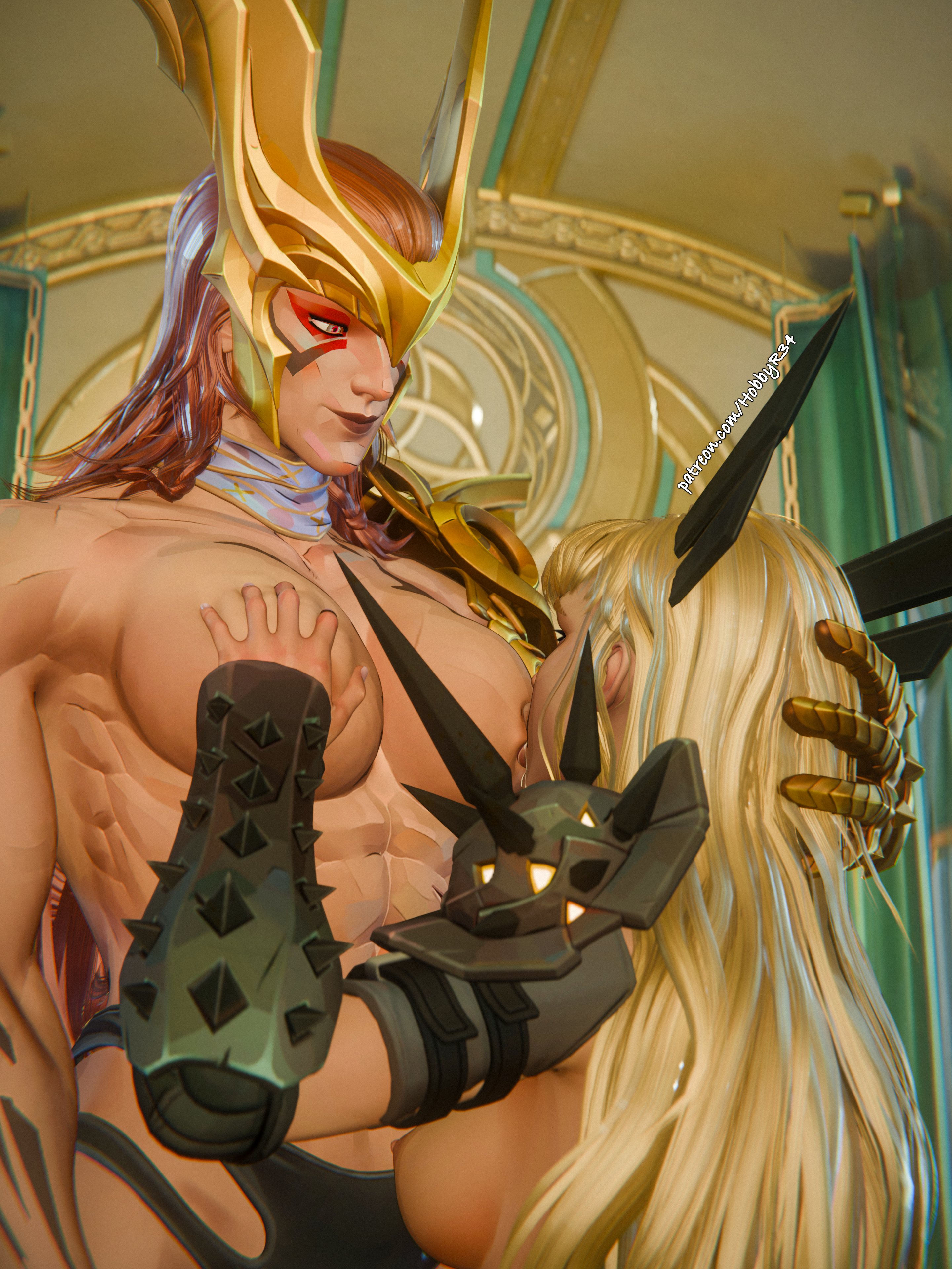 2girls, 3d, abs, angela (aldrif odinsdottir), big breasts, blonde hair, breast grab, breast sucking, breastfeeding, breasts, breasts out, female, female only, hobbyr34, magik (illyana rasputin), magik (marvel rivals), marvel, marvel comics, marvel rivals, muscular, muscular female, red hair, size difference, thor (series), x-men, yuri