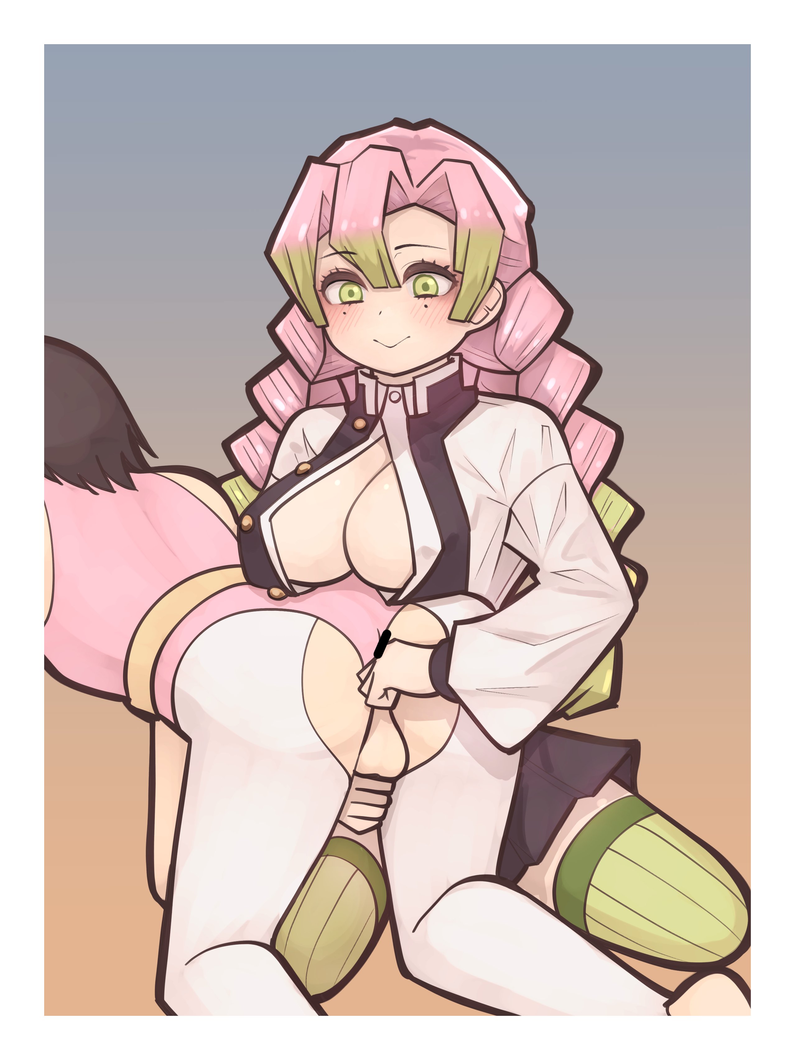 1boy, 1girls, all fours, balls, bar censor, boob window, boobs, braid, braided hair, breasts, censored, demon slayer, eyebrows visible through hair, female, fingering ass, fingers, hair between eyes, handjob, kanroji mitsuri, kikiu bd, kimetsu no yaiba, legwear, male, pink hair, pink-haired female, skirt, smile, testicles, thick thighs, thighhighs, tits