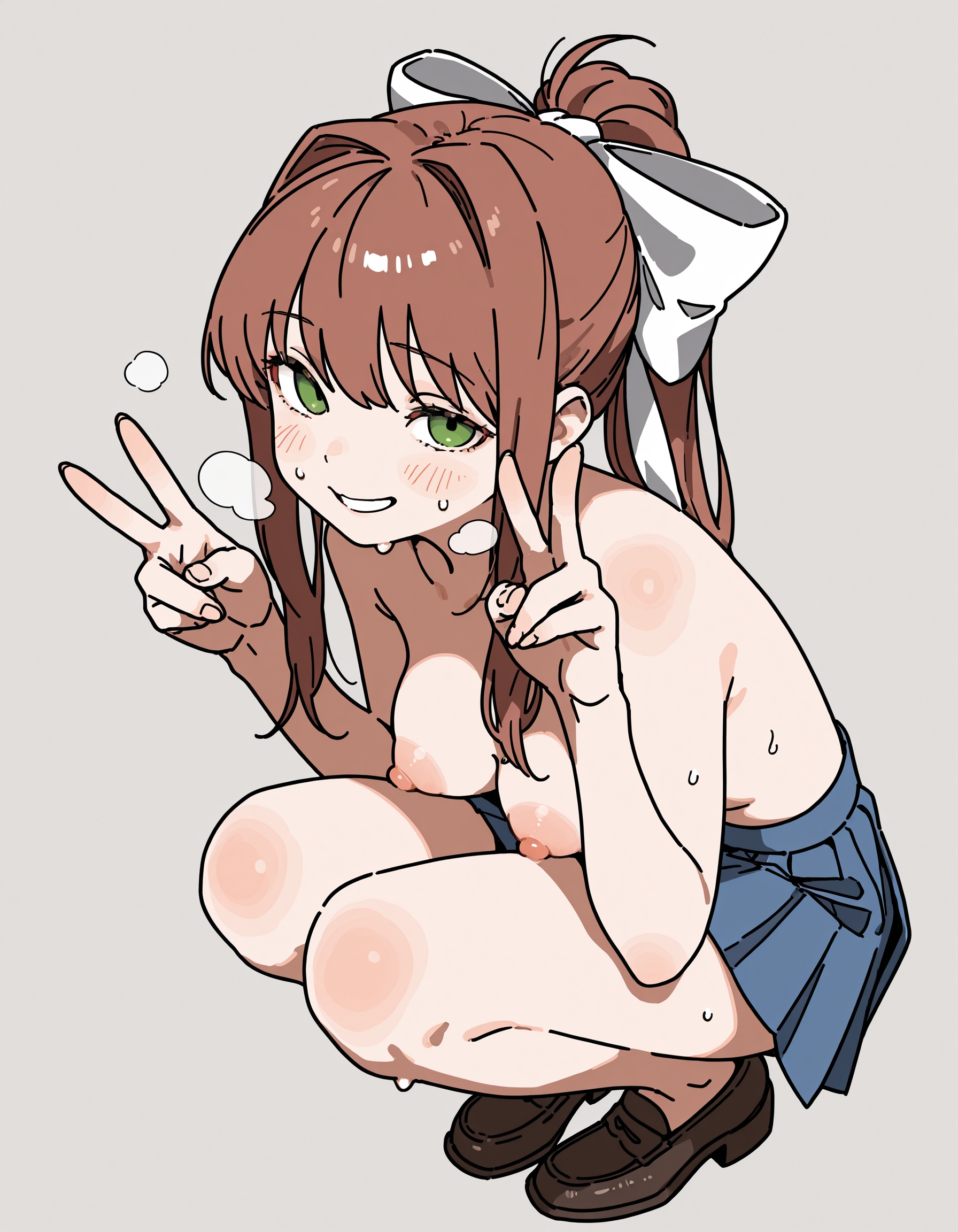 1girls, ai generated, areola, areolae, blush, breasts, breath, breath cloud, brown hair, crouching, crouching female, doki doki literature club, female, fusso, green eyes, hair, hair ribbon, hairbow, long hair, looking at viewer, monika (doki doki literature club), nipples, partially clothed, peace sign, shoes, short skirt, skirt, skirt only, solo, squatting, sweat, sweating, sweaty, thighs, topless, topless female, v sign
