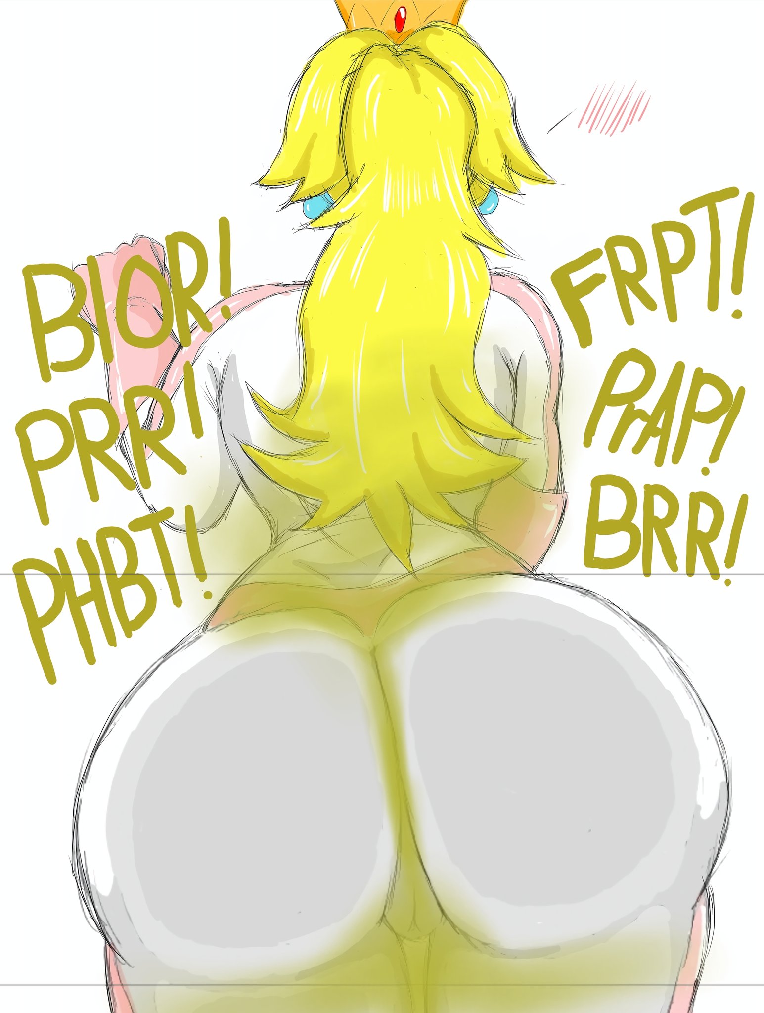1girls, ass, ass against glass, ass bigger than head, ass on glass, big ass, big butt, blonde hair, blush, bodysuit, fart, fart cloud, fart fetish, farting, female, glass, mario (series), mario kart, mario kart world, nightmaresfd, nintendo, ponytail, princess peach, rear view, solo female, standing, super mario bros., tiara, viewed from behind, white background
