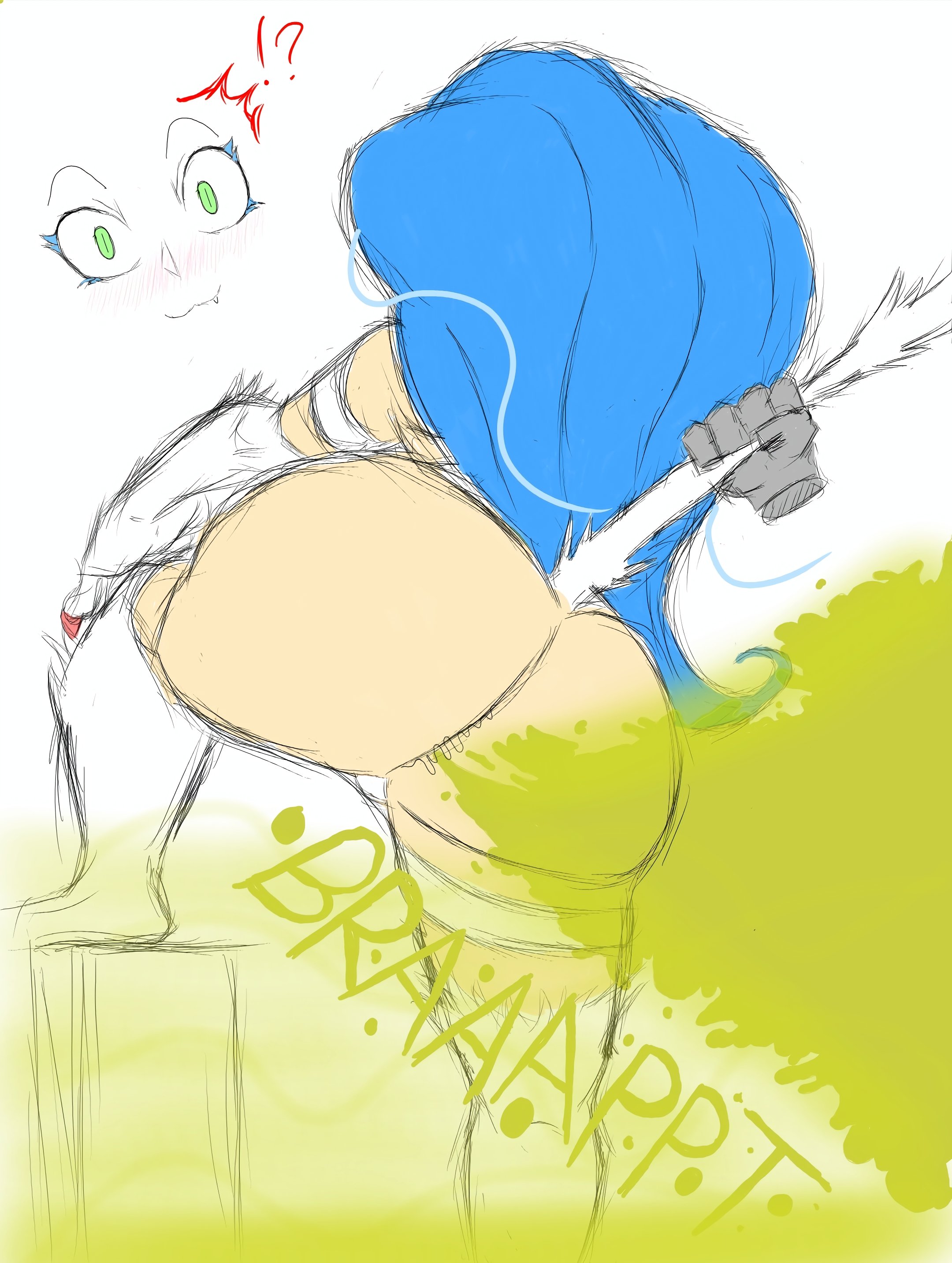 !?, 1girls, ass, big ass, big butt, blue hair, blush, capcom, cute fang, darkstalkers, disembodied hand, fart, fart cloud, fart fetish, farting, felicia (darkstalkers), female, green eyes, nightmaresfd, pulling tail, rear view, smile, solo female, standing, tail, tail grab, thick thighs, viewed from behind, white background