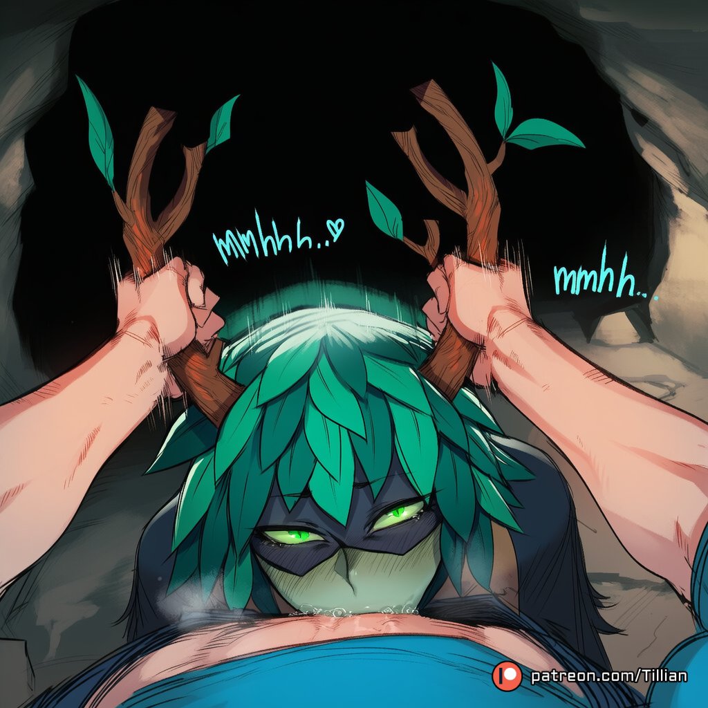 1boy, adventure time, ai generated, antlers, blush, colored sclera, colored skin, cum, cum in mouth, deepthroat, domino mask, english text, fellatio, female, glowing eyes, green eyes, green hair, green sclera, green skin, heart, horn grab, horns, huntress wizard, irrumatio, leaf, looking at viewer, male, mask, oral, patreon logo, patreon username, penis, pov, saliva, short hair, solo focus, straight, tillian