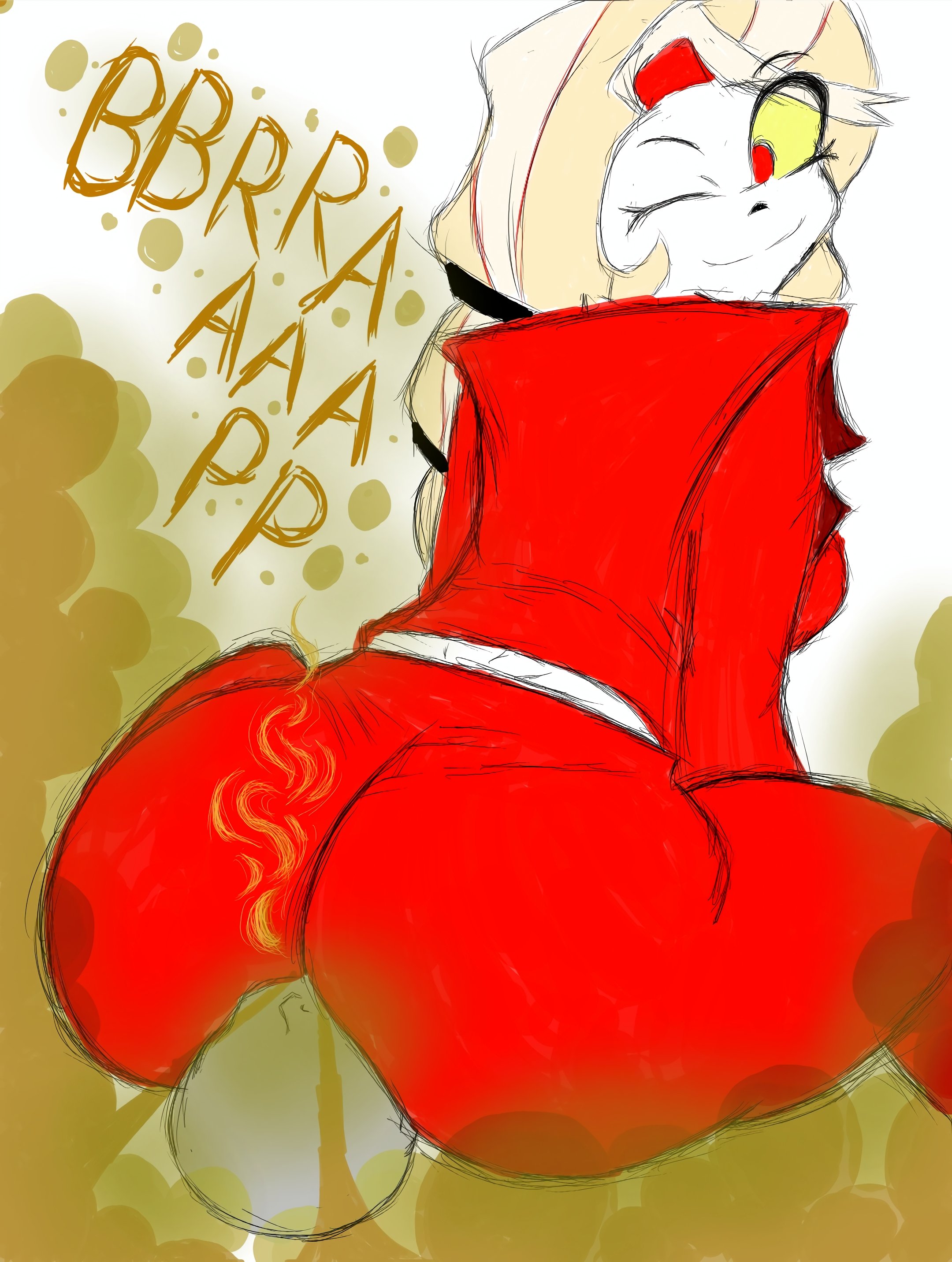 1boy, 1girls, anon, ass, ass on face, big ass, big butt, blonde hair, charlie morningstar (hazbin hotel), faceless male, facesitting, fart, fart cloud, fart fetish, farting, farting in face, female, hazbin hotel, looking back, looking back at another, looking back at partner, male, nightmaresfd, one eye closed, rear view, red eyes, smile, viewed from behind, white background, white skin