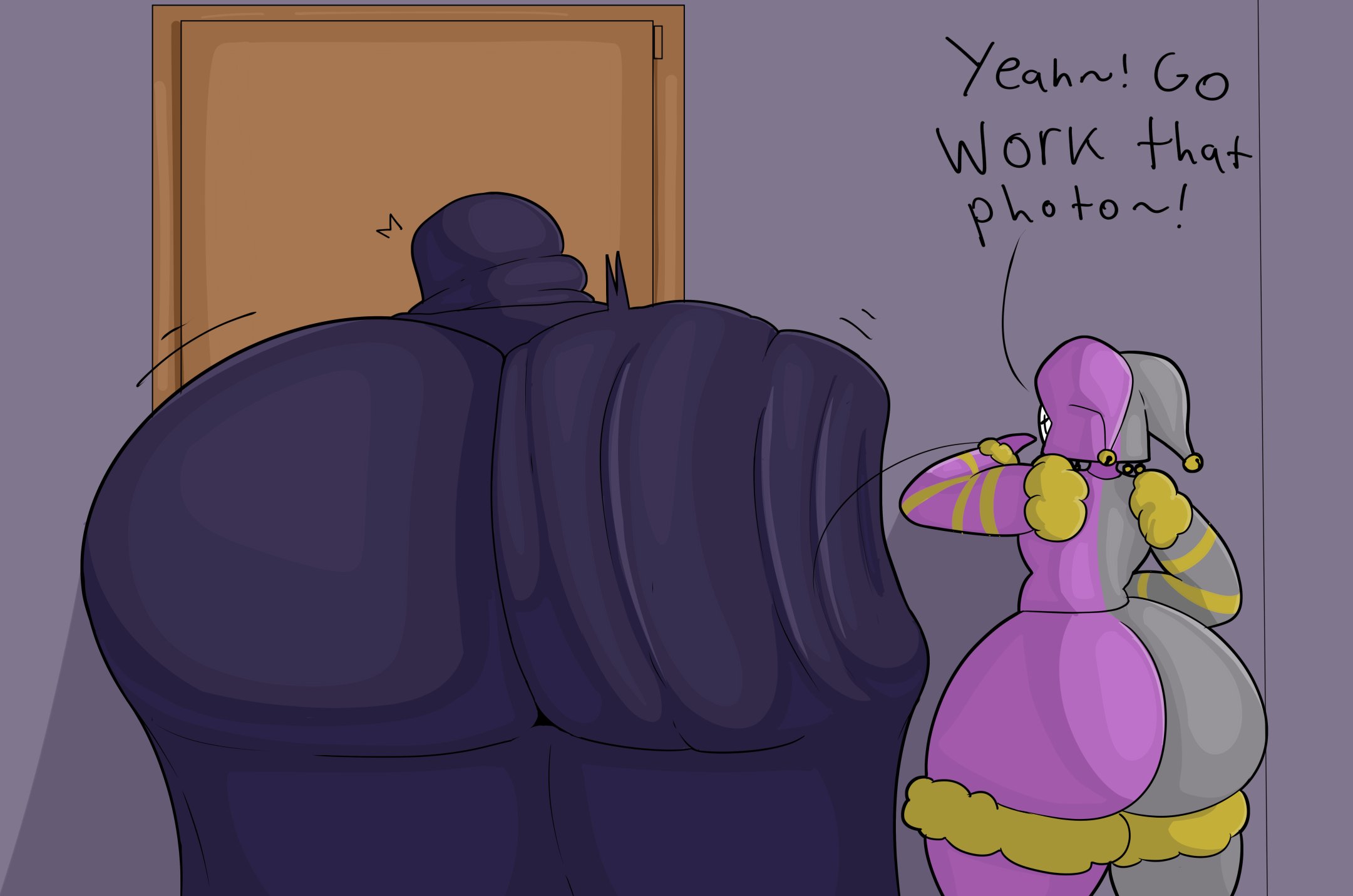 2boys, 2d, ass, ass bigger than head, ass body, back to viewer, bellyboi13, big ass, big butt, colorful clothing, fan character, fat ass, fat butt, femboy, fully clothed, girly, hood, huge ass, huge butt, look outside, looking away, lyle (look outside), male, male only, monster, motion lines, no genitals, no sex, nonhuman, spanking, spanking ass, surprised, thick thighs, wobbling ass