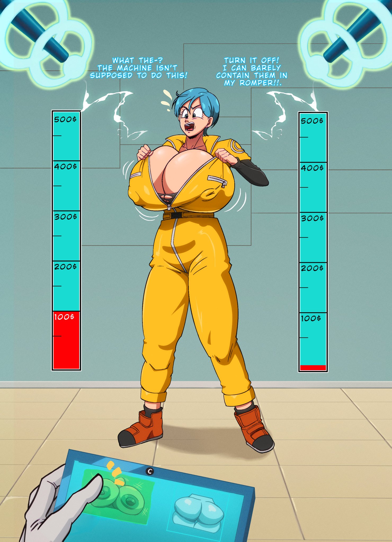 1boy, 1boy1girl, 1girls, 2025, big breasts, blue eyes, blue hair, breast expansion, breasts, bulma briefs, bursting breasts, cleavage, dialogue, dragon ball, dragon ball super, dragon ball super super hero, dratvan, female, growth drive, huge breasts, husband, husband and wife, hyper breasts, looking at own breasts, male, male/female, nipple bulge, shocked, shocked expression, text, thick thighs, torn clothes, torn clothing, vegeta, wife