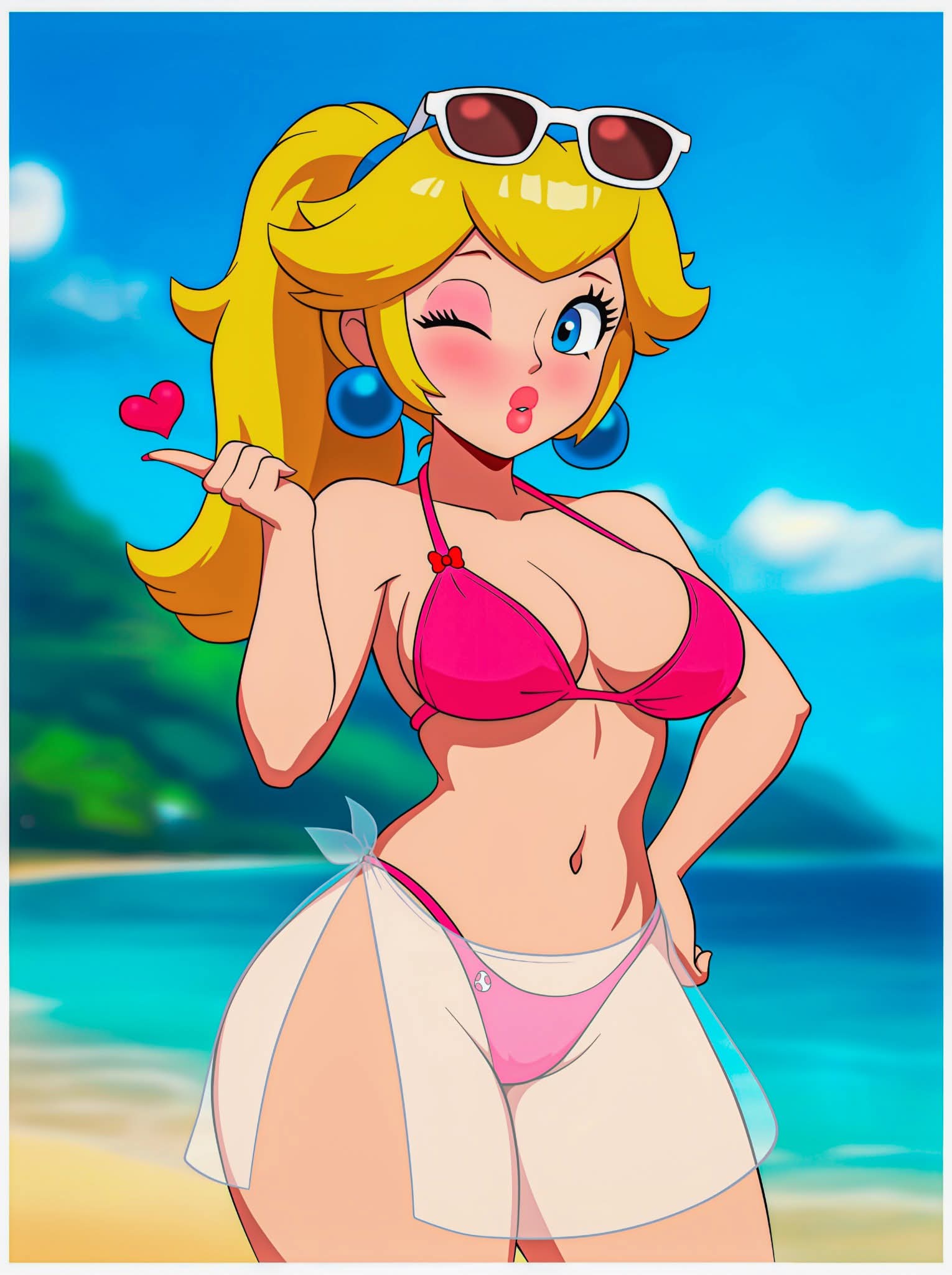 1girls, beach, beach background, big breasts, bikini, blinking, blonde, blonde female, blonde hair, blonde-haired female, blowing kiss, blue eyes, blush, blushing, blushing female, boobs, breasts, busty, child bearing hips, cleavage, curvaceous, curvy, curvy figure, curvy hips, female, female focus, female only, hand on hip, heart, heart symbol, high ponytail, hot, hot girl, legs, mario (series), navel, nintendo, one eye closed, panties, pear shaped female, pear-shaped figure, pink bikini, ponytail, pose, posing, princess, princess peach, sarong, seductive, seductive look, see-through sarong, sensual, sexy, sexy pose, solo, sunglasses, sunglasses on head, thick thighs, thighs, thong bikini, toned, video games, wide hips, wide thighs, wink, woomy1010