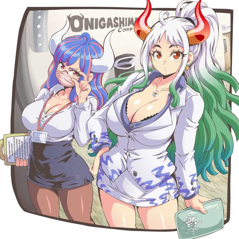 2girls, big ass, big breasts, big butt, blue hair, blue-haired female, bra peek, breasts, clothing, female, female only, glasses, lewdamone, one piece, thick thighs, two-tone hair, ulti (one piece), white hair, white-haired female, yamato (one piece)