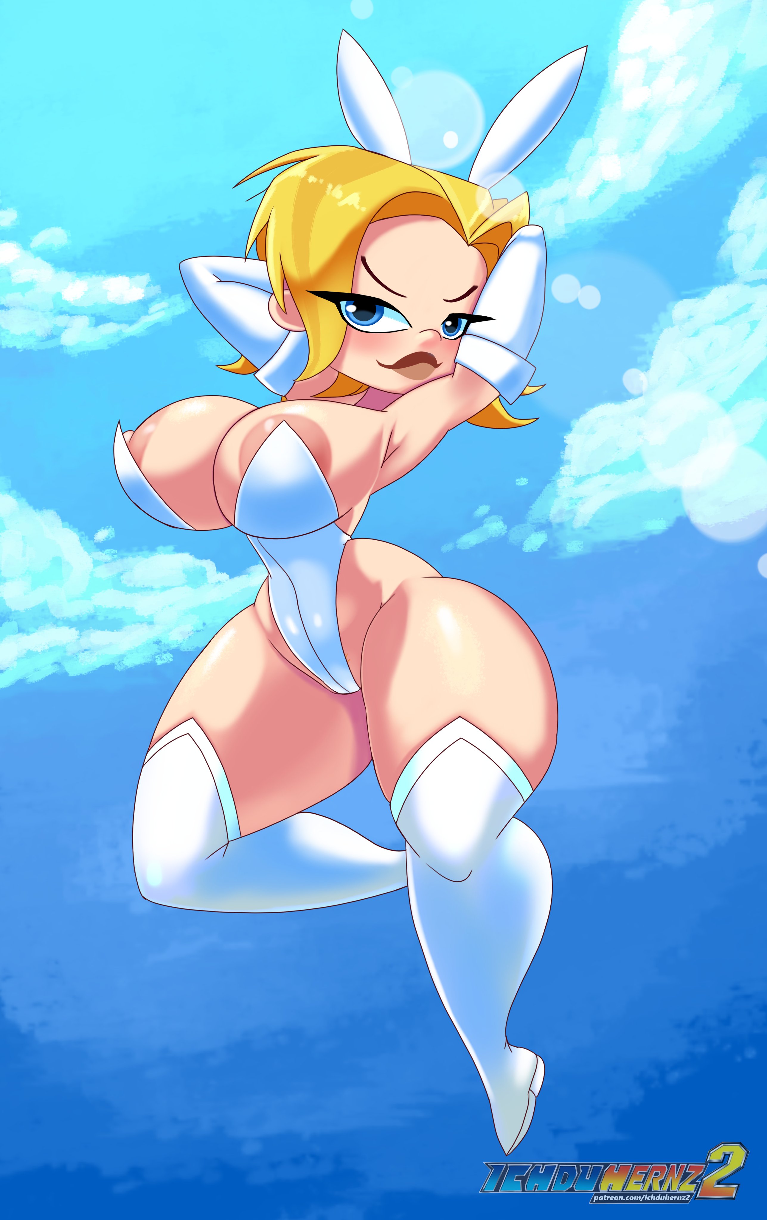 1girls, alien, alien girl, alien humanoid, areola slip, areolae, arms behind back, arms behind head, big breasts, blonde hair, blue eyes, breasts, bunny ears, bunnysuit, dc, dc comics, dc super hero girls, female, female only, flying, ichduhernz, kara danvers, kara danvers (shg), kara zor-el, kryptonian, looking at viewer, nipple slip, short hair, supergirl, superman (series), thick thighs