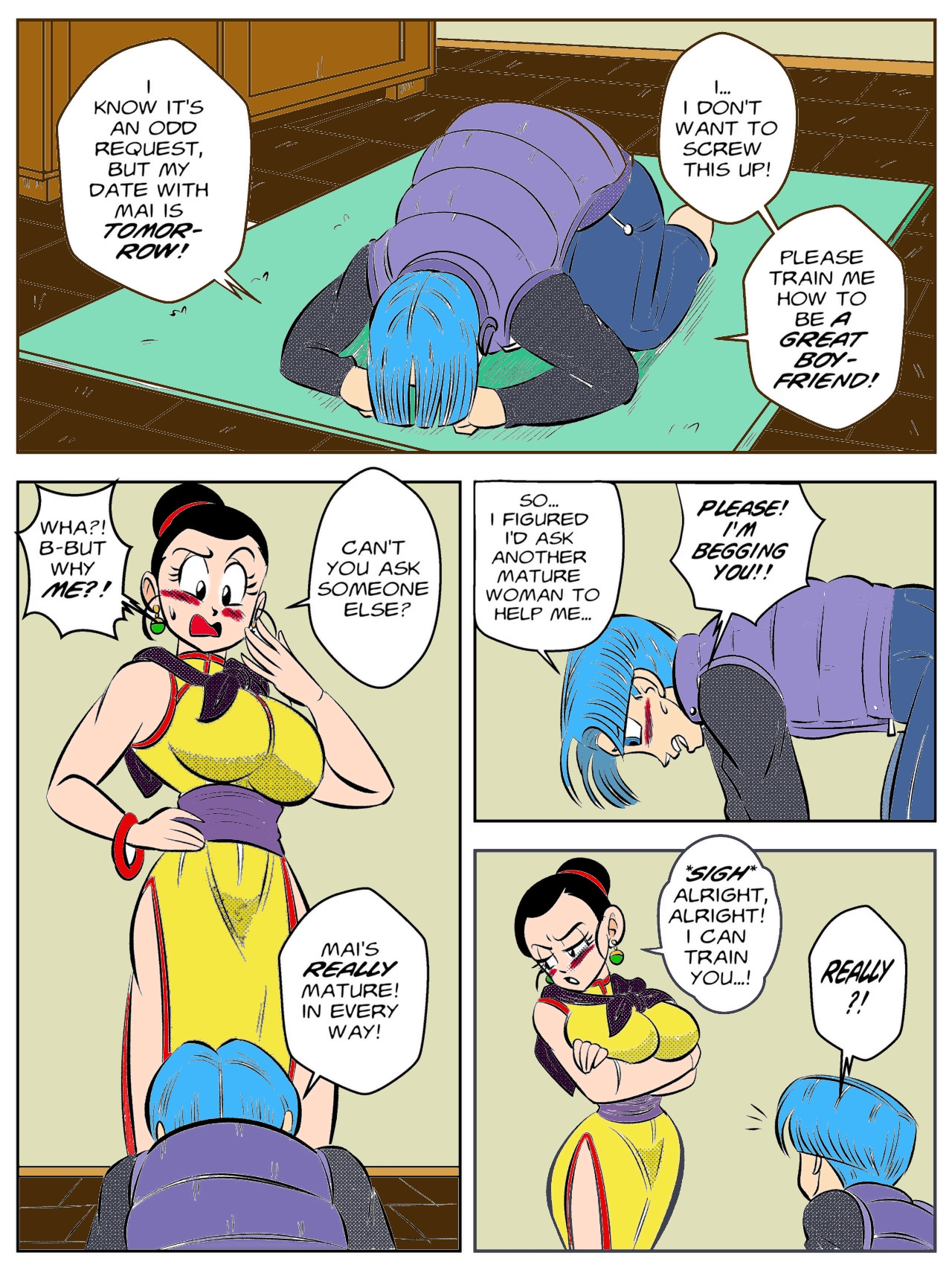 begging, big ass, big boob, big breasts, blue hair, blush, breasts, cheating, cheating female, cheating wife, chichi, chichi (majin buu saga), color, colored sketch, curvy female, dragon ball, dragon ball super super hero, female, funsexydragonball, trunks briefs