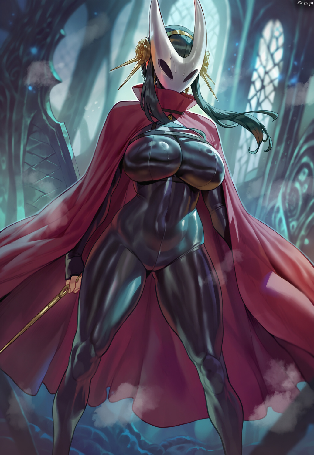 1girls, ai assisted, ai generated, belly button, belly button visible through clothing, big breasts, black bodysuit, black hair, black latex, bodysuit, breasts, cape, cosplay, female, female only, highres, hollow knight, hornet (hollow knight) (cosplay), hourglass figure, jpeg, latex, latex clothing, latex suit, long hair, mask, massive breasts, muscular, muscular female, shexyo, solo, spy x family, standing, thick thighs, tight clothing, yor briar, yor forger