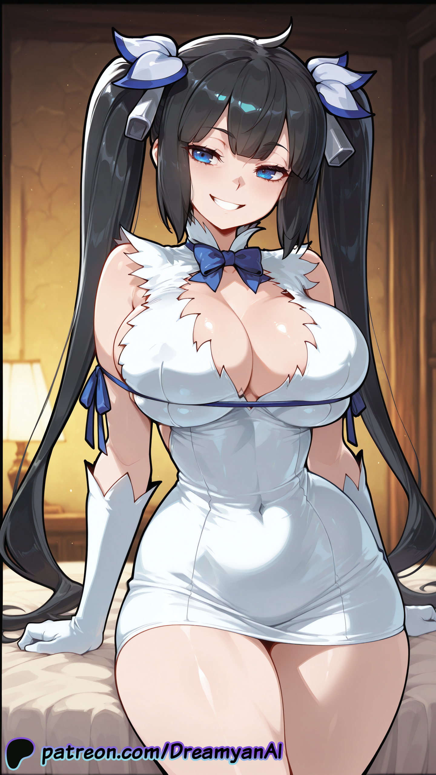 1girls, 4k, ai generated, big breasts, black hair, blue eyes, breasts, dreamyan ai, dungeon ni deai wo motomeru no wa machigatteiru darou ka, female, hestia (danmachi), hi res, high quality, high resolution, highres, huge breasts, light skin, light-skinned female, long hair, seductive, seductive eyes, seductive look, seductive pose, seductive smile, smile, smiling, thick ass, thick thighs, thighs, twintails, uncensored