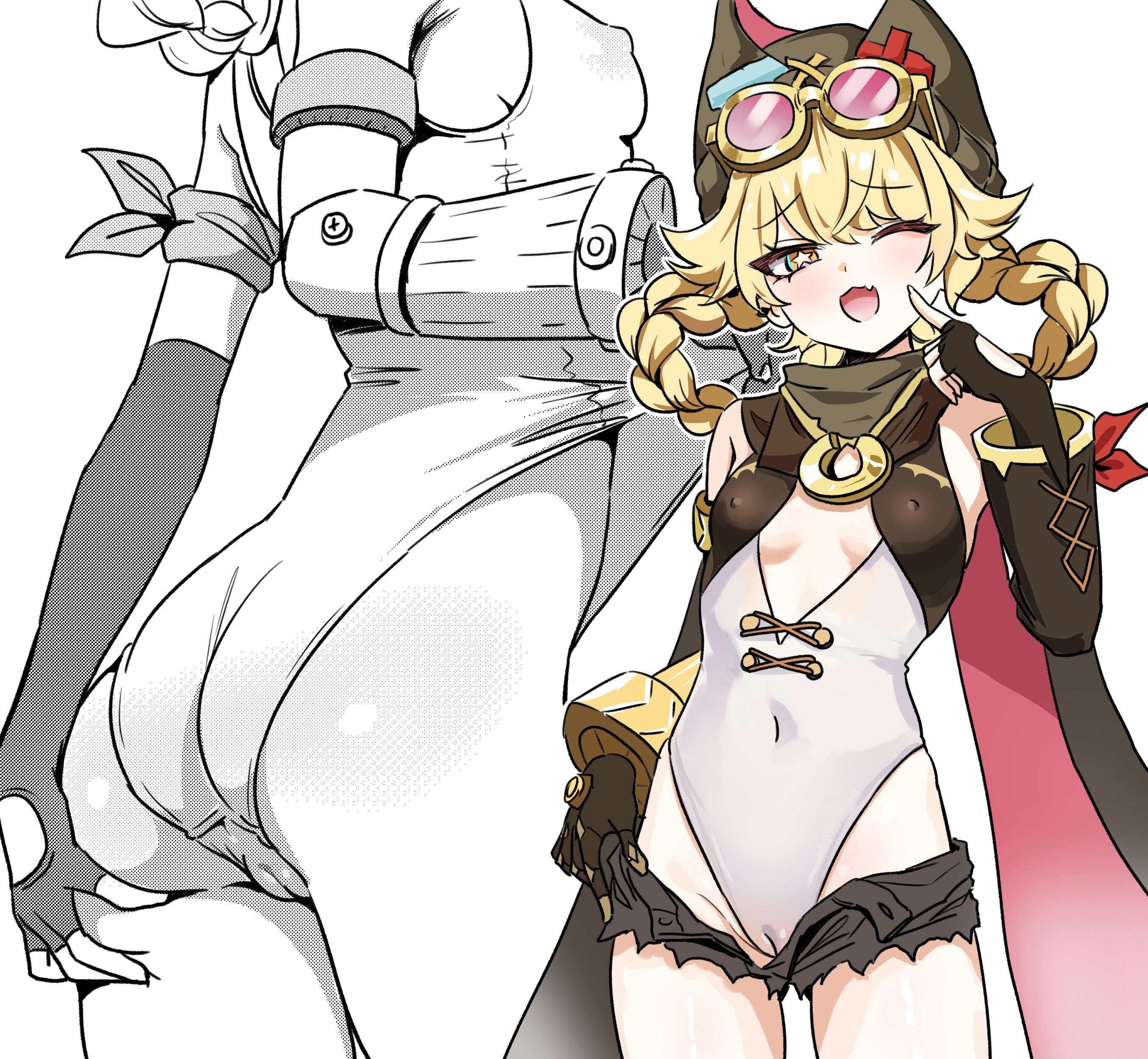 :3, 1girls, ass, blonde hair, booty shorts, braid, breasts, cameltoe, cute fang, female, female only, first porn of character, genshin impact, jahoda (genshin impact), leotard, nipple bulge, one eye closed, short shorts, shorts, small breasts, star-shaped pupils, twin braids, wink