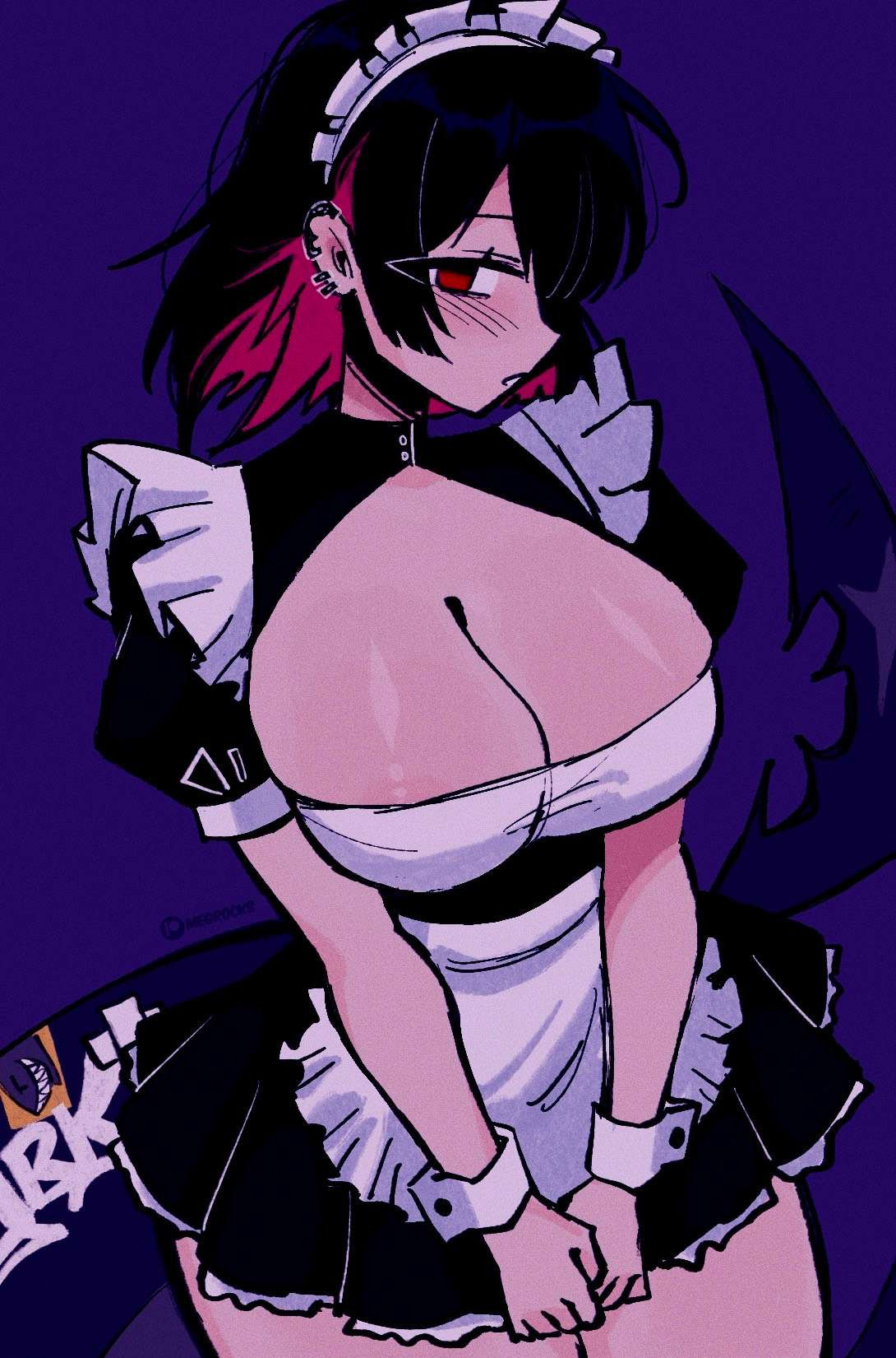 1girls, areola slip, big breasts, black hair, blush, blush lines, blushing, breasts, breasts bigger than head, busty, cleavage, cleavage cutout, cleavage overflow, ellen joe, female, female only, hourglass figure, huge breasts, large breasts, looking away, maid, maid headdress, maid uniform, massive breasts, megrocks, mihoyo, multicolored hair, piercings, pornstar body, red eyes, red hair, shark girl, shark tail, shy, solo, tail, tail up, thick, thick thighs, two-tone hair, uniform, zenless zone zero