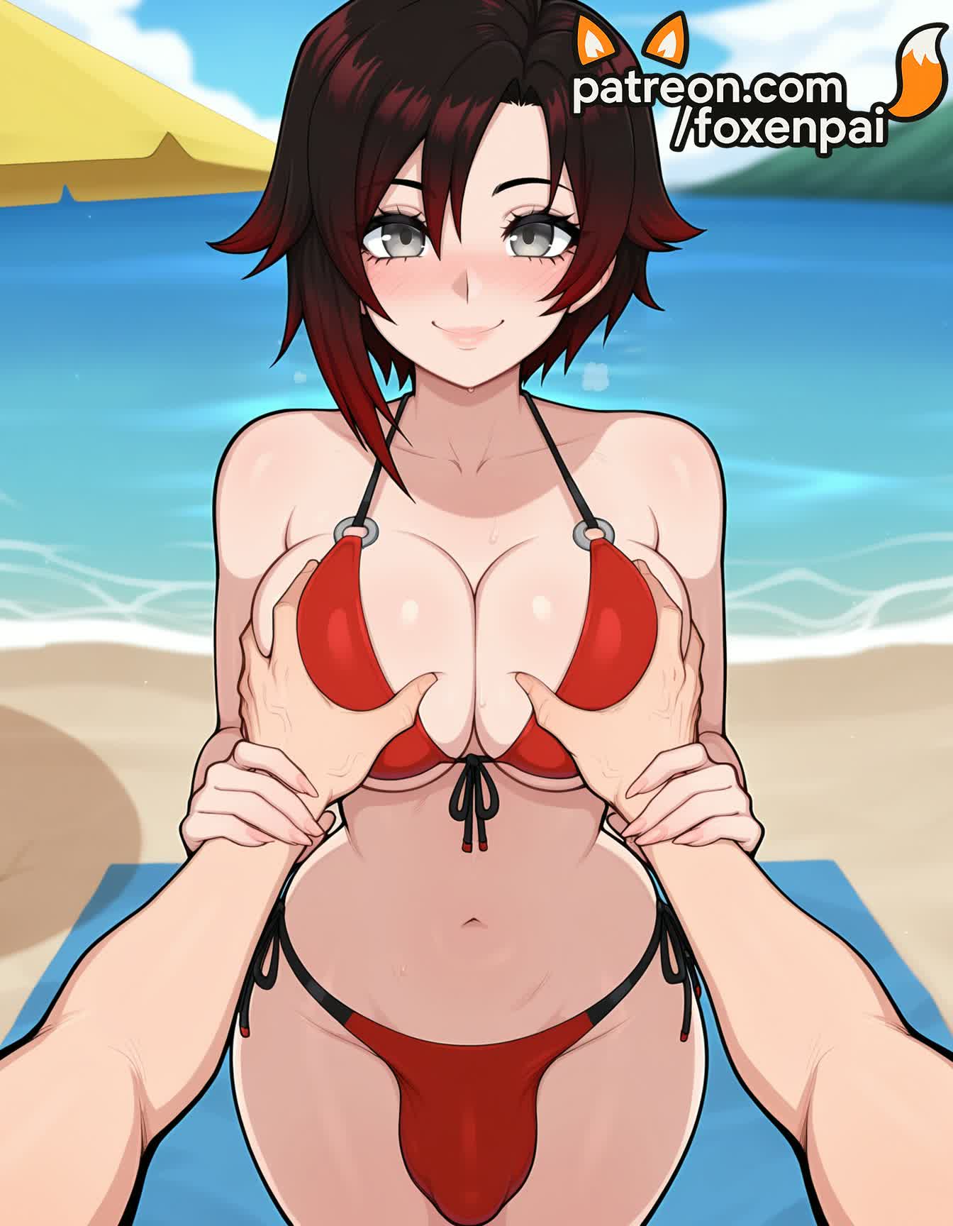 1boy, 1futa, 2025, ai generated, artist name, beach, bikini, blue sky, blush, breast grab, breasts, bust, chest, cloud, day, deep skin, foxenpai, futa with male, futanari, grabbing, gradient hair, grey eyes, groping, guided breast grab, hi res, high quality, high resolution, highres, horizon, intersex, looking at viewer, male, multicolored hair, navel, ocean, out of frame, outdoors, patreon, patreon username, pov, pov hands, red bikini, red hair, ruby rose, rwby, sand, shore, short hair, side-tie bikini, sky, smile, stable diffusion, swimsuit, two-tone hair, water, watermark