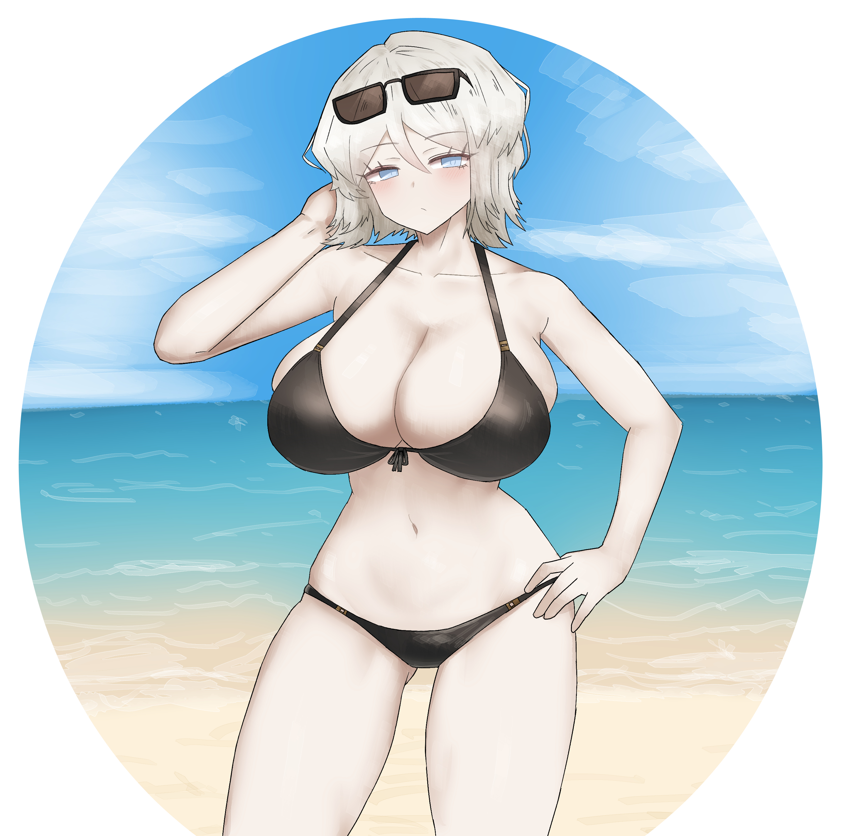 1girls, bikini, black swimsuit, blue eyes, blush, breasts, cleavage, eyewear, eyewear on head, faust (limbus company), female, female only, glasses, hand on hip, huge breasts, hydx, large breasts, light-skinned female, limbus company, looking at viewer, project moon, short hair, solo, sunglasses, sunglasses on head, swimsuit, white hair