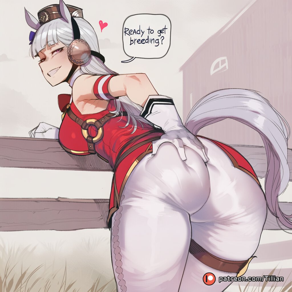 ai generated, animal ears, ass, ass focus, ass grab, bare shoulders, bent over, blunt bangs, breasts, brown headwear, dress, english text, female, fence, from behind, gloves, gold ship (umamusume), grabbing own ass, grey hair, grin, hand on own ass, hat, heart, horse ears, horse girl, horse tail, large breasts, long hair, looking at viewer, looking back, outdoors, pants, pantyhose, pantylines, patreon logo, patreon username, pillbox hat, purple eyes, railing, red dress, sleeveless, sleeveless dress, smile, solo, speech bubble, tail, thigh strap, thighs, tight clothes, tillian, umamusume, umamusume pretty derby, white gloves, white pants, white pantyhose, wooden fence