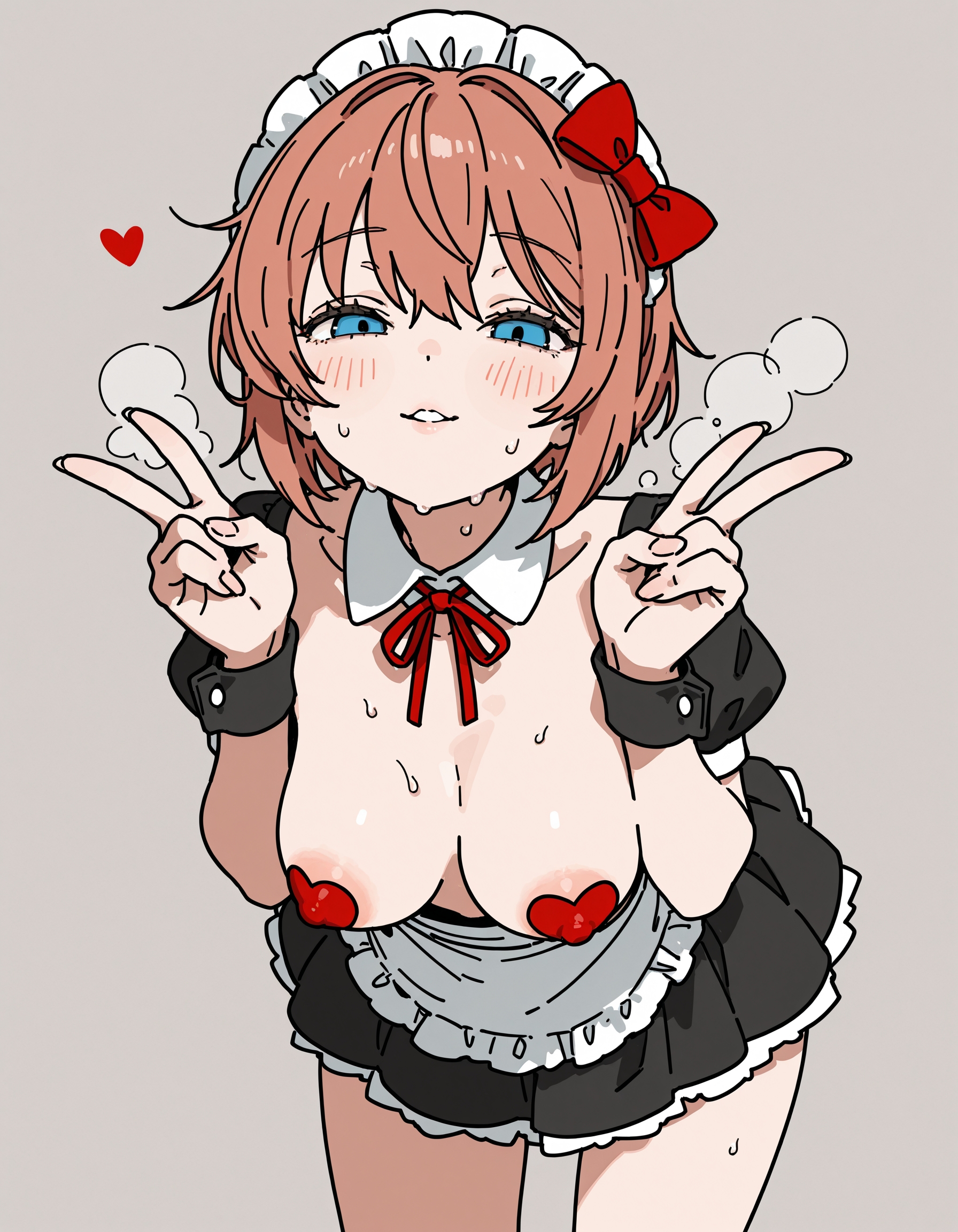 1girls, ai generated, areolae peeking, blue eyes, blush, breasts, breath, breath cloud, doki doki literature club, female, fusso, hair, heart, heart symbol, imminent kiss, kissy face, leaning forward, looking at viewer, maid, maid headdress, maid outfit, maid uniform, nipples, nipples visible through clothing, partially clothed, pasties, pasties exposed, peace sign, sayori (doki doki literature club), solo, sweat, sweating, sweaty, v sign