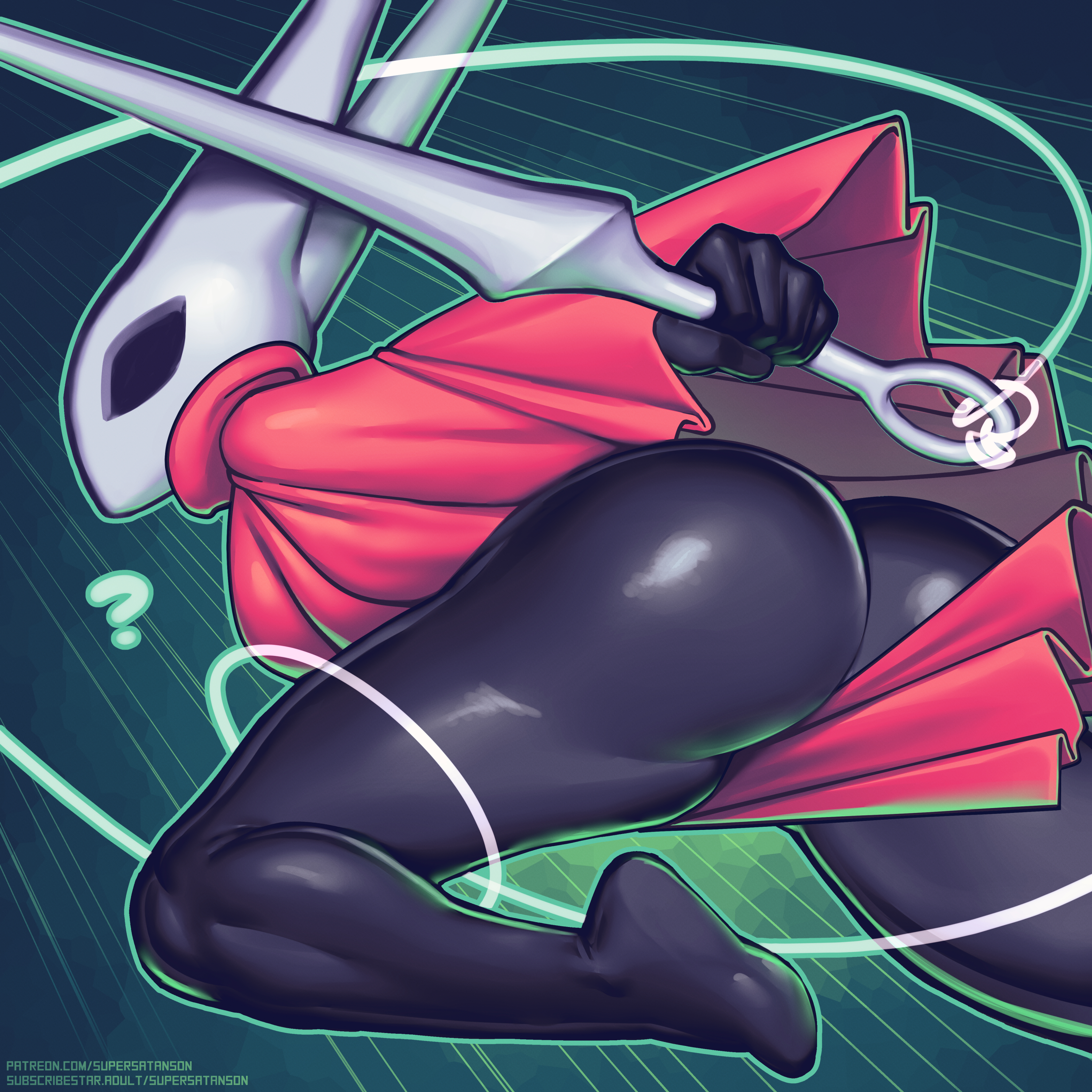 1girls, black body, confusion, convenient censoring, female, hollow knight, hollow knight: silksong, hornet (hollow knight), horns, huge ass, looking at viewer, looking back, monster girl, no panties, question mark, supersatanson, team cherry, weapon
