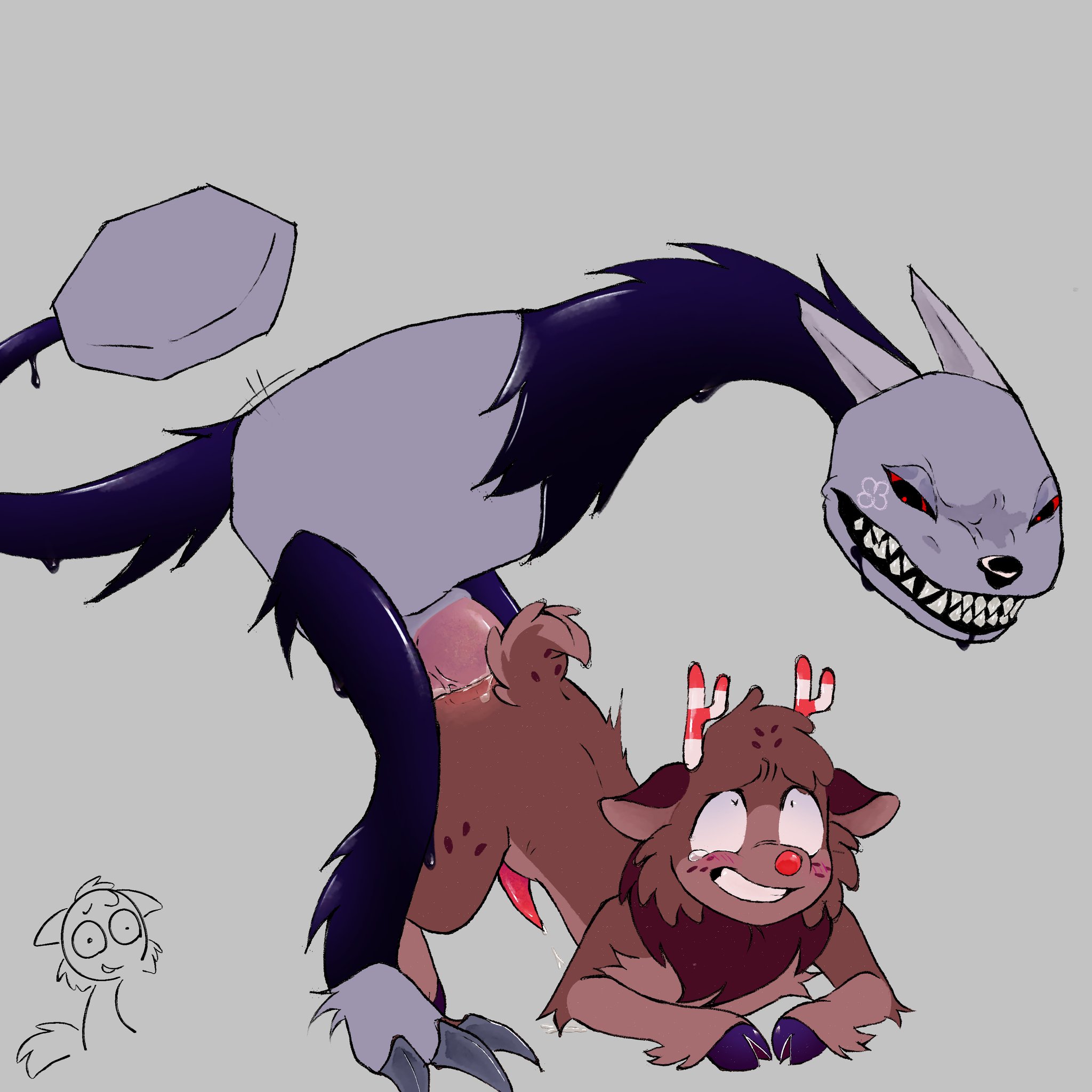 2boys, ambiguous consent, anal, anal rape, anal sex, animal, anthro, antlers, anus, anus peek, arched back, ass up, ass up face down, bigger penetrating, bigger penetrating smaller, bipedal feral, black saliva, blush, bodily fluids, brown body, brown fur, claws, cock, crying, crying with eyes open, dandy's world, deer, dick, digital media (artwork), drool, drooling, dubcon, dubious consent, duo, ears down, eyes open, face down ass up, feral, feral on anthro, fluff, fur, furry, furry male, furry only, gay, gay rape, grey background, grey body, gritted teeth, heart pupils, hooves, ichor, interspecies, jpeg, larger penetrating, larger penetrating smaller, lidded eyes, light grey background, m/m, male, male furry, male on male, male only, male/male, monster, monster on anthro, neck fluff, neck fur, no human, no humans, no-human, non-human, non-human only, non-human rapist, noncon, nonconsensual, nonconsenting male, only furry, only male, pebble (dandy's world), penetration, penis, penis size difference, pink penis, plain background, possible rape, precum, questionable consent, rape, red eyes, red eyes male, red nose, red penis, red sclera, reindeer, rudie (dandy's world), saliva, sharp teeth, simple background, size difference, small pupils, smaller penetrated, stretched anus, striped antlers, tail, tear, tears, tentacle penis, twisted pebble (dandy's world), unknown artist, zoophilia