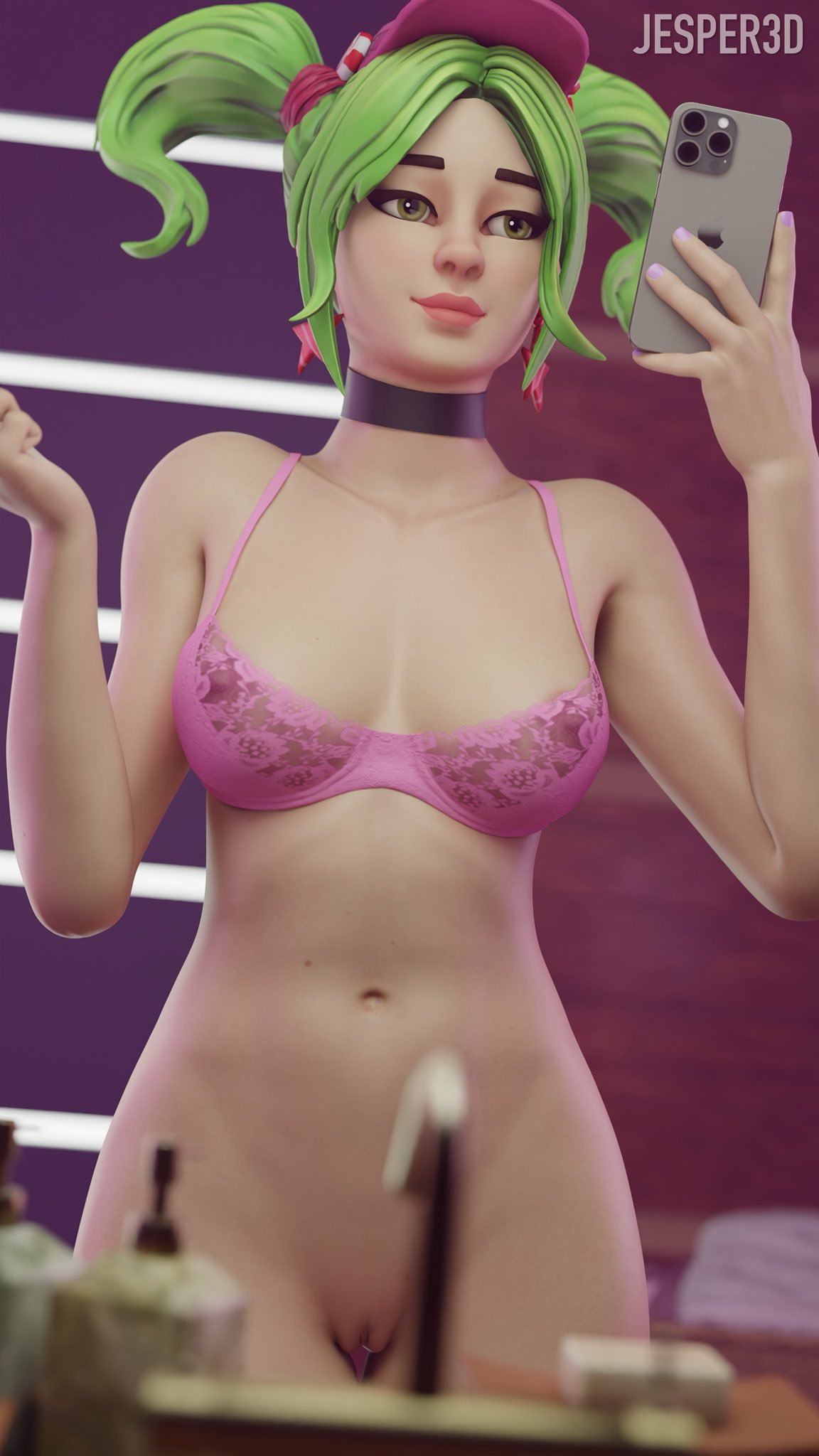 1girls, 2025, 3d, 3d (artwork), areolae, baseball cap, big breasts, blender, breasts, cap, choker, cleavage, detailed background, earrings, epic games, female, female focus, female only, fortnite, fortnite: battle royale, green hair, headwear, hi res, highres, holding phone, jesper3d, laced bra, light skin, light-skinned female, medium breasts, mirror, mirror reflection, mirror selfie, nipples, phone, pink bra, pose, posing, presenting, presenting breasts, presenting pussy, pussy, pussy lips, selfie, selfie pose, shaved crotch, shaved pussy, showing off, syperporn, vagina, watermark, zoey (fortnite)