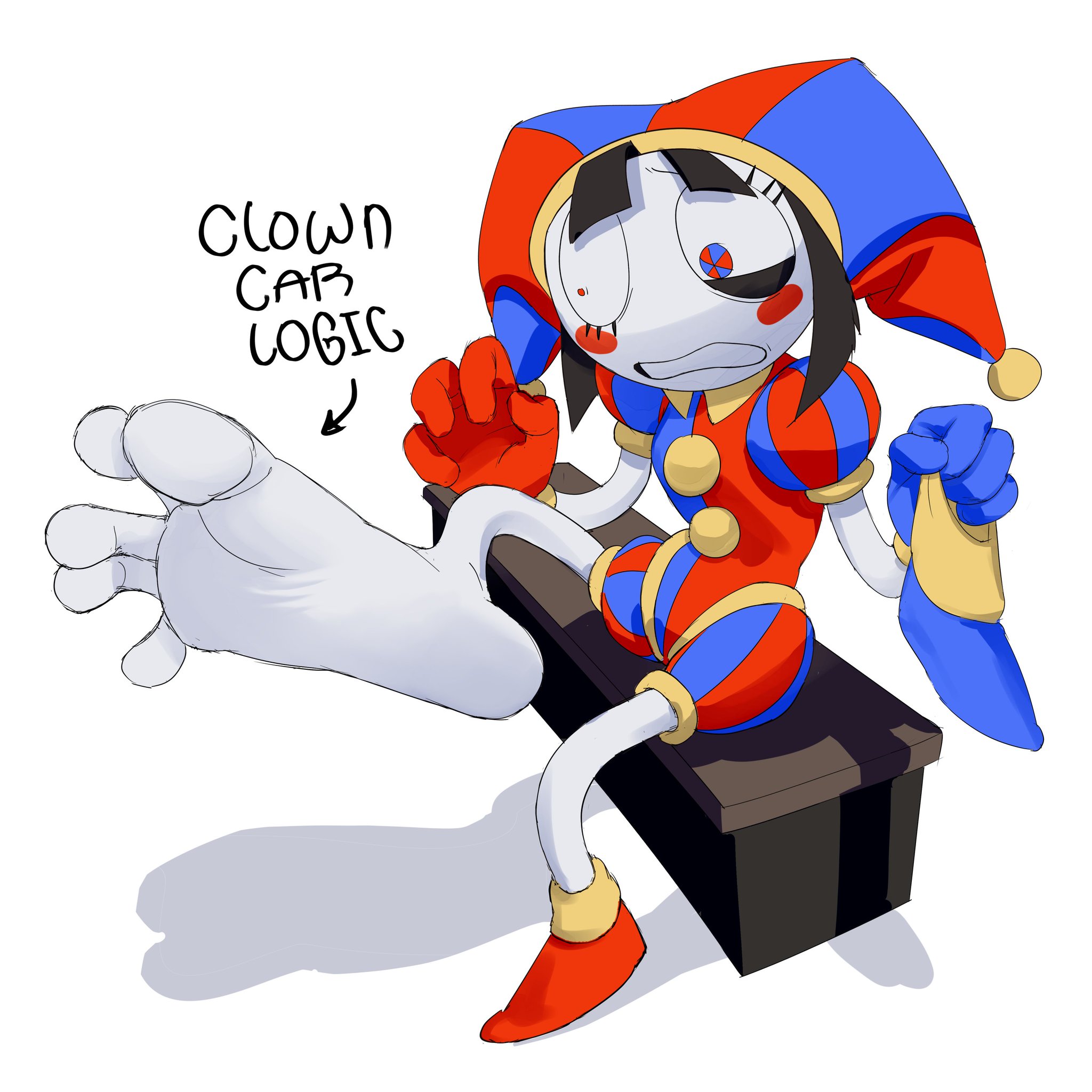 1girls, 5 toes, barefoot, bench, big feet, big toes, black eyebrows, black hair, blue clothing, blue eyes, blue hat, blue headwear, blush, blush stickers, brown hair, clothed, clothed female, clothing, clown girl, digital media (artwork), english text, female, fingers, fool's hat, foot, foot fetish, foot focus, footwear, footwear removed, fully clothed, gloves, hair, handwear, hat, headgear, headwear, huge feet, human, humanoid, humanoid foot, jester, jester girl, jester hat, light skin, light-skinned female, mammal, multicolored eyes, nervous expression, nervous female, no pupils, one foot raised, one foot up, one leg up, pale skin, pale-skinned female, pattern clothing, plantigrade, pomni (the amazing digital circus), presenting feet, red clothing, red eyes, red shoes, shadow, showing foot, simple background, sitting, sole female, soles, soles fetish, solo, solo female, spread toes, staerk, striped clothing, stripes, text, the amazing digital circus, thin calves, thin legs, thin thighs, toes, toes spread, white background, white body, white skin
