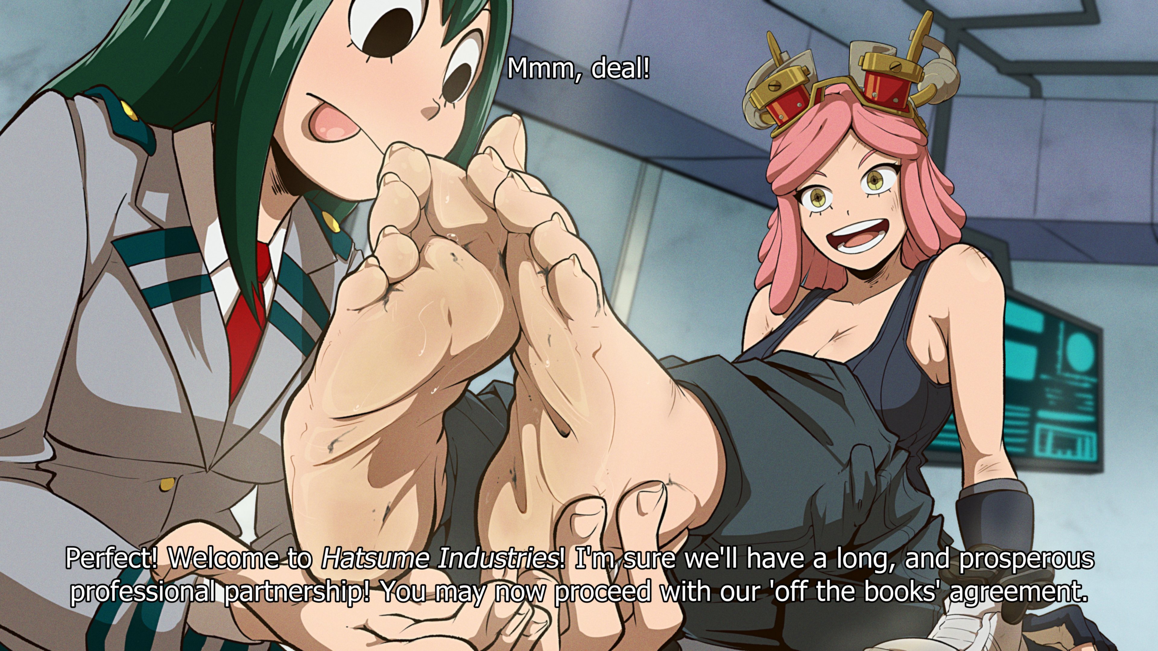 2d, 2d (artwork), 2d artwork, 2girls, 5 toes, barefoot, boku no hero academia, clothed, clothed female, clothing, dialogue, dirty feet, english, english dialogue, english text, feet, female, female only, foot fetish, foot focus, fully clothed, gloves, goggles, goggles on head, green hair, green-haired female, hair, hand on head, handwear, hi res, high resolution, holding head, human, kiryu-sketchbook, light skin, light-skinned female, mei hatsume, my hero academia, no penetration, no sex, pink hair, pink-haired female, sitting, smell, smelling feet, smelly, smelly feet, smile, smiling, soles, stinky, stinky feet, sweat, sweatdrop, sweating, sweaty, sweaty feet, text, toenails, toes, tsuyu asui, white skin, yellow eyes, yuri