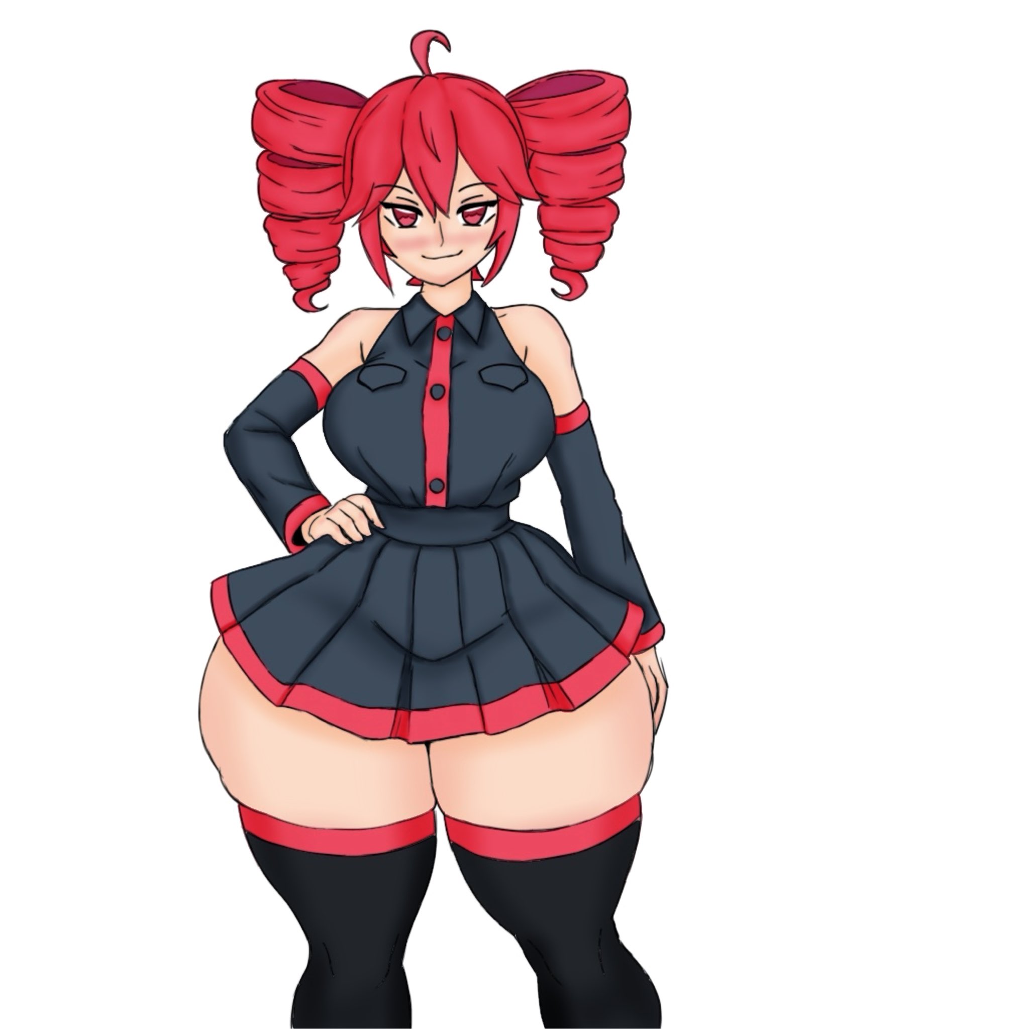 1girls, 2d, 2d (artwork), ahoge, big breasts, big thighs, blush, breasts, child bearing hips, clothed, clothed female, clothing, curvaceous, curvy, curvy body, curvy female, curvy figure, curvy hips, detached sleeves, fat thighs, female, female only, fully clothed, gigantic thighs, gisnchris0, hand on hip, hips wider than shoulders, hourglass figure, huge breasts, huge thighs, kasane teto, large breasts, large thighs, massive thighs, miniskirt, plump, plump thighs, red eyes, red hair, seductive, seductive look, seductive smile, simple background, skindentation, skirt, slim waist, smile, solo, solo female, thick thighs, thighhighs, thighs, thighs bigger than head, thighs bigger than torso, twin drills, utau, voluptuous, voluptuous female, white background, wide hips