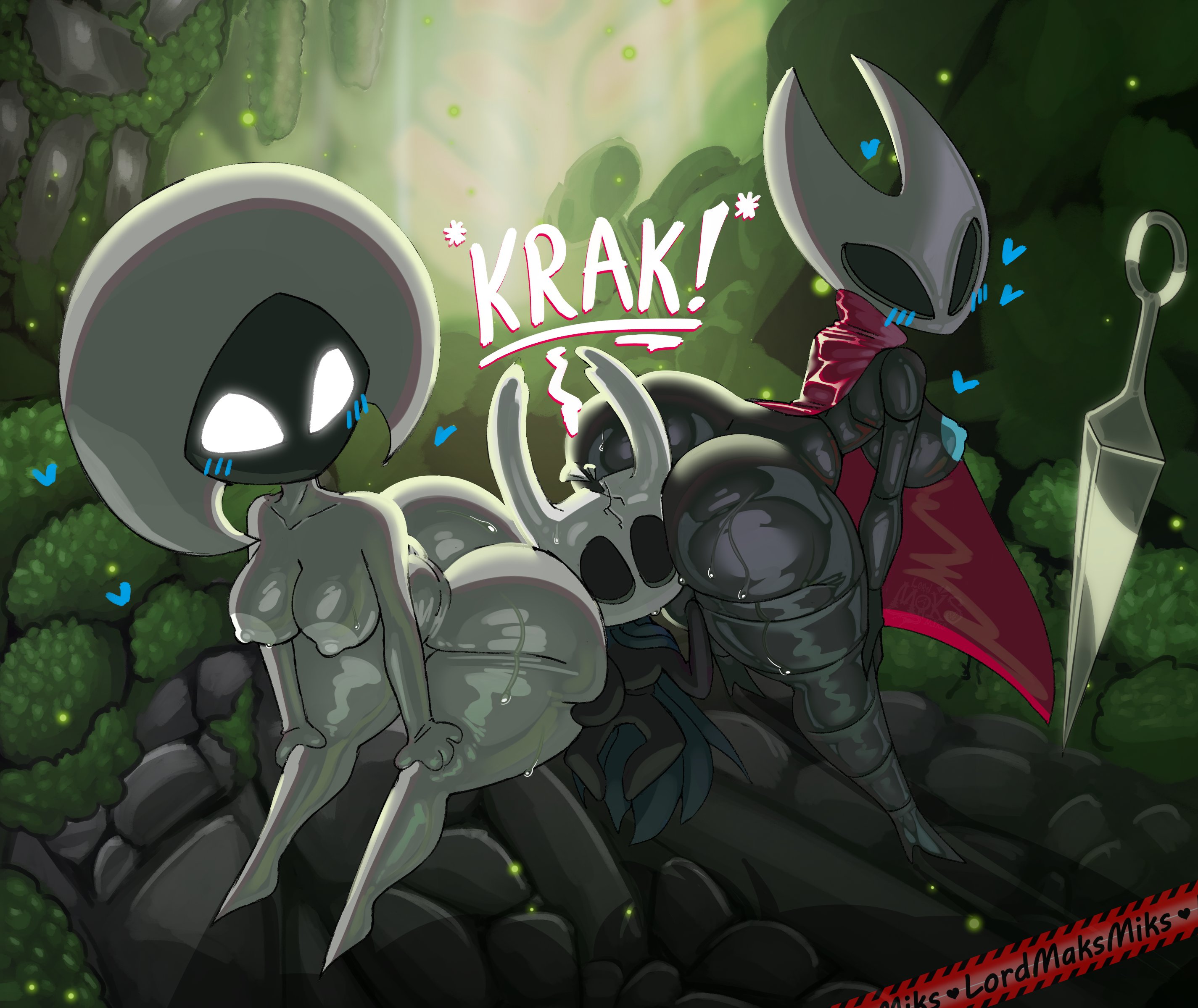 1boy, 2girls, areola, ass, big areola, big ass, big breasts, big nipples, big thighs, black body, bones, breasts, bugs, butt, female, gigantic ass, gigantic thighs, hollow knight, hollow knight: silksong, hornet (hollow knight), huge ass, huge breasts, huge thighs, incest, incest (lore), incestuous, incestuous (lore), insect girl, insectoid, insects, lace (hollow knight), larger female, lordmaksmiks, male, mask, nails, nipples, protagonist (hollow knight), red hoodie, size difference, smaller male, sweat, sweatdrop, sweating, tagme, taller female, the knight (hollow knight), thick thighs, thighs, white body