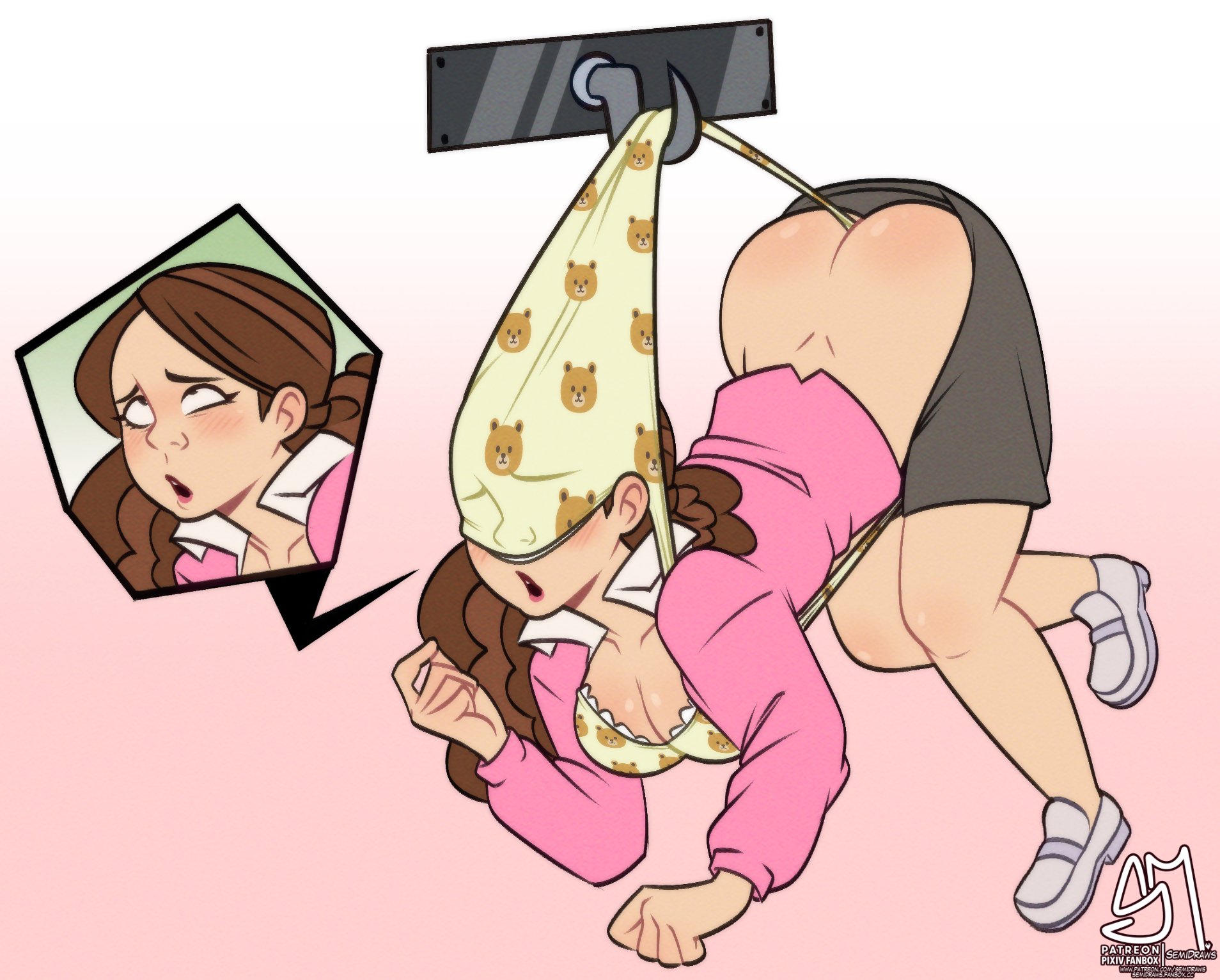 ass, atomic wedgie, bra, breasts, cleavage, dress shirt, female, hanging wedgie, jenna fischer, office lady, pam beesly, panties, panties on head, panty mask, panty pull, print panties, real person, secretary, semidraws, skirt, solo, solo female, the office, underwear, wedgie, wedgie fetish, yellow panties