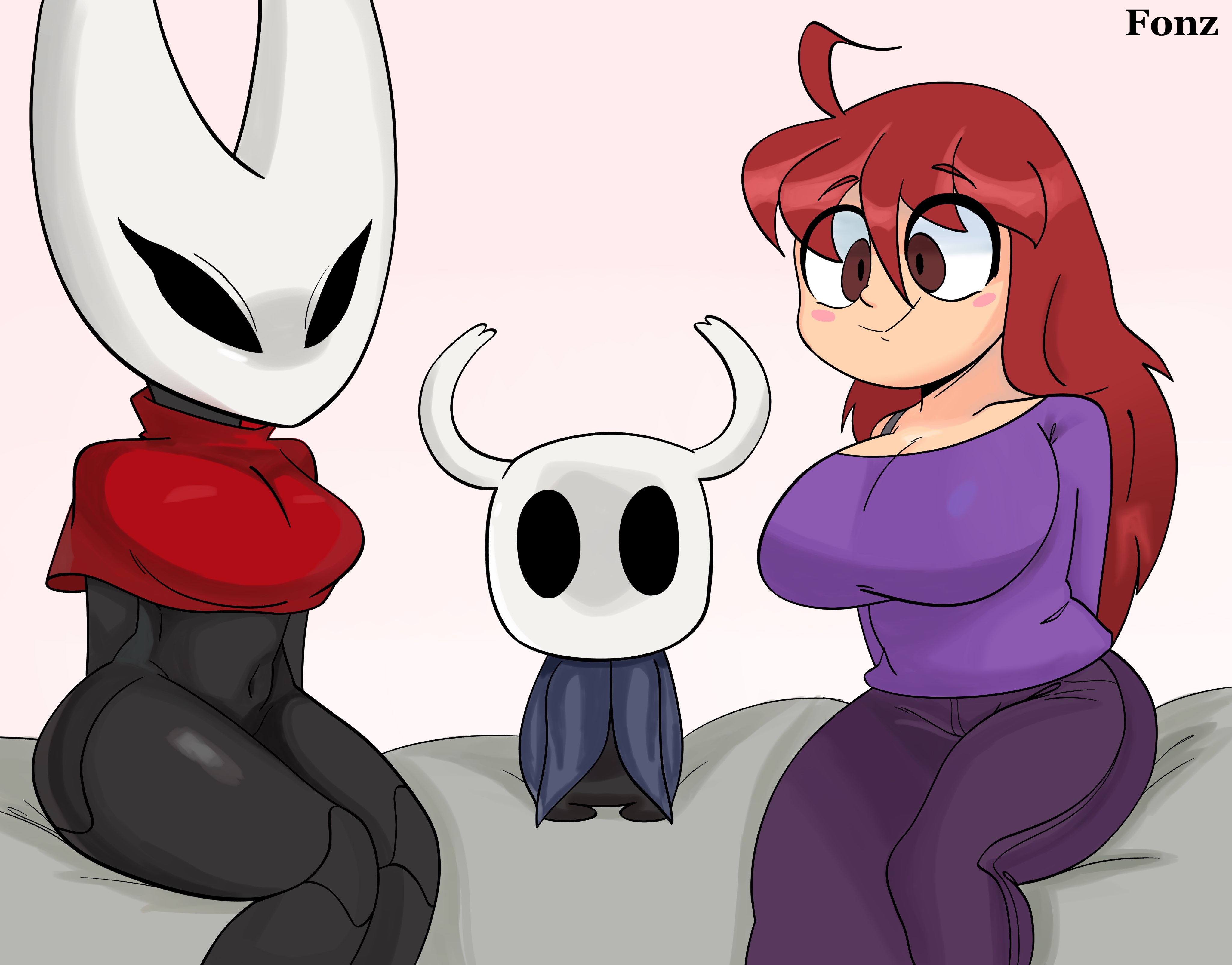 1boy, 2girls, 2girls1boy, breasts, celeste (game), female, fonz, hollow knight, hornet (hollow knight), indie cross, large breasts, madeline (celeste), male, red hair, smaller male, the knight (hollow knight), trans woman, transfem